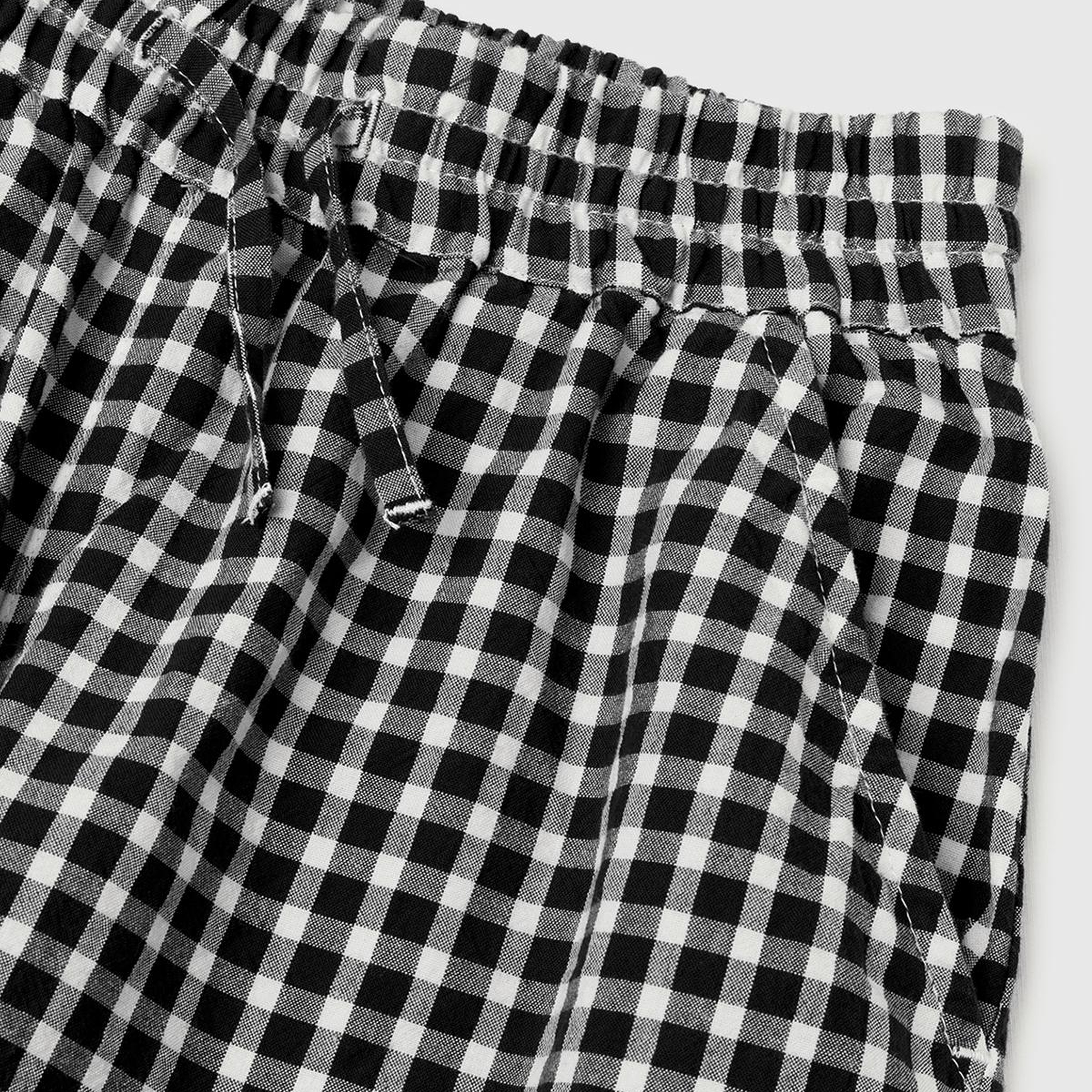Kız Çocuk Siyah Beli Lastikli Büzgü İpli Kareli Geniş Paça Pantolon