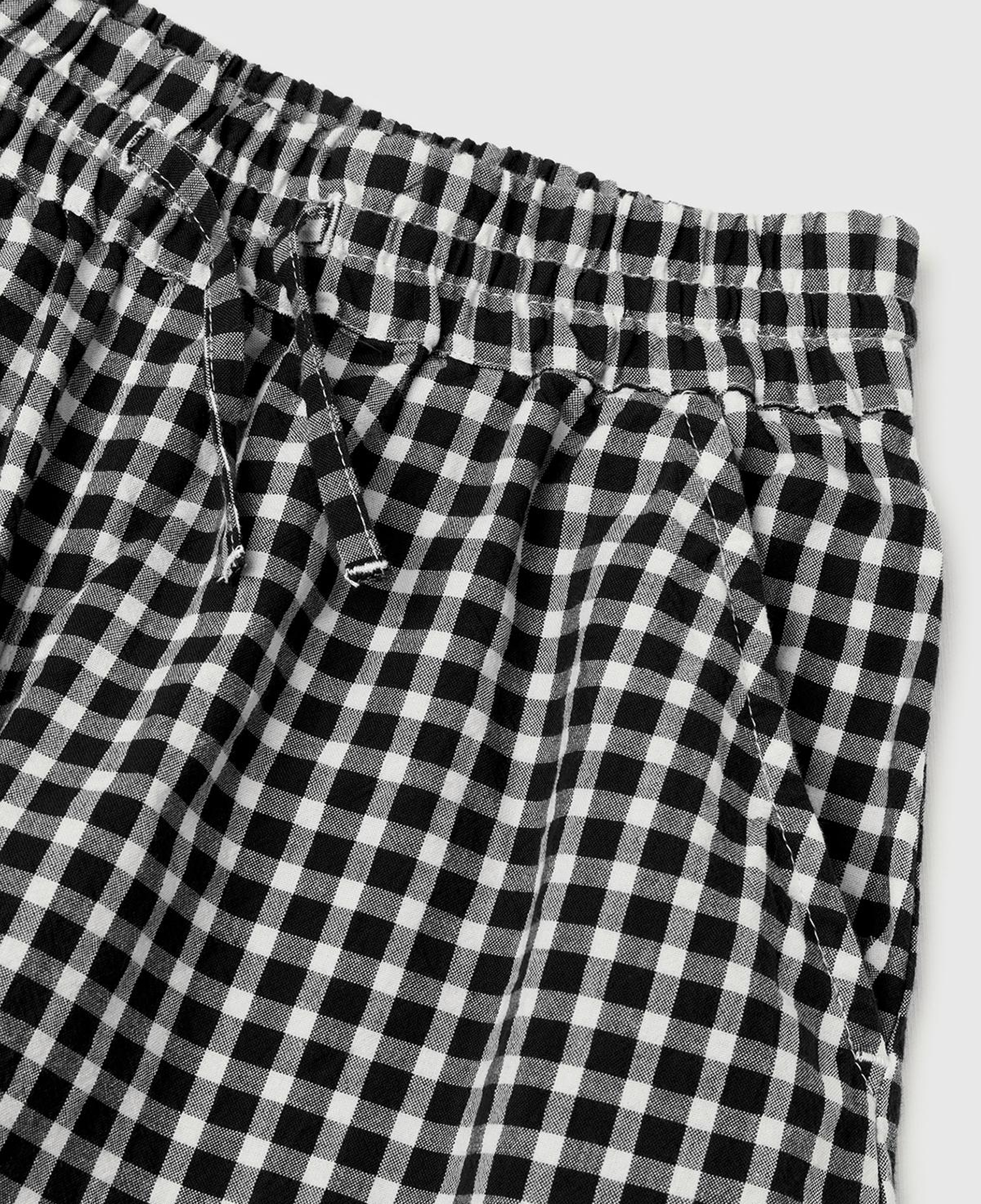 Kız Çocuk Siyah Beli Lastikli Büzgü İpli Kareli Geniş Paça Pantolon