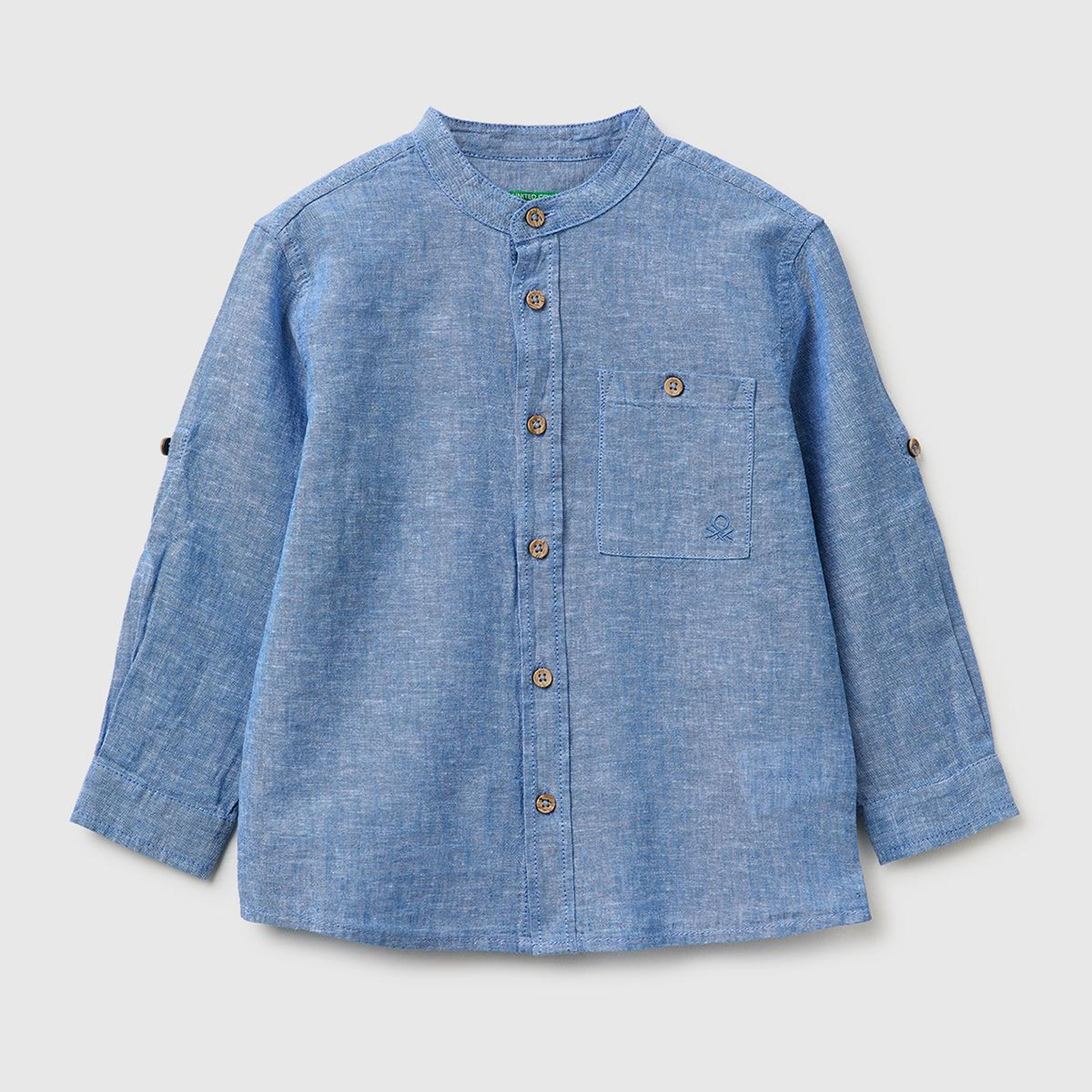 Erkek Çocuk Mavi Logo İşlemeli Yama Cepli Henley Yaka Gömlek