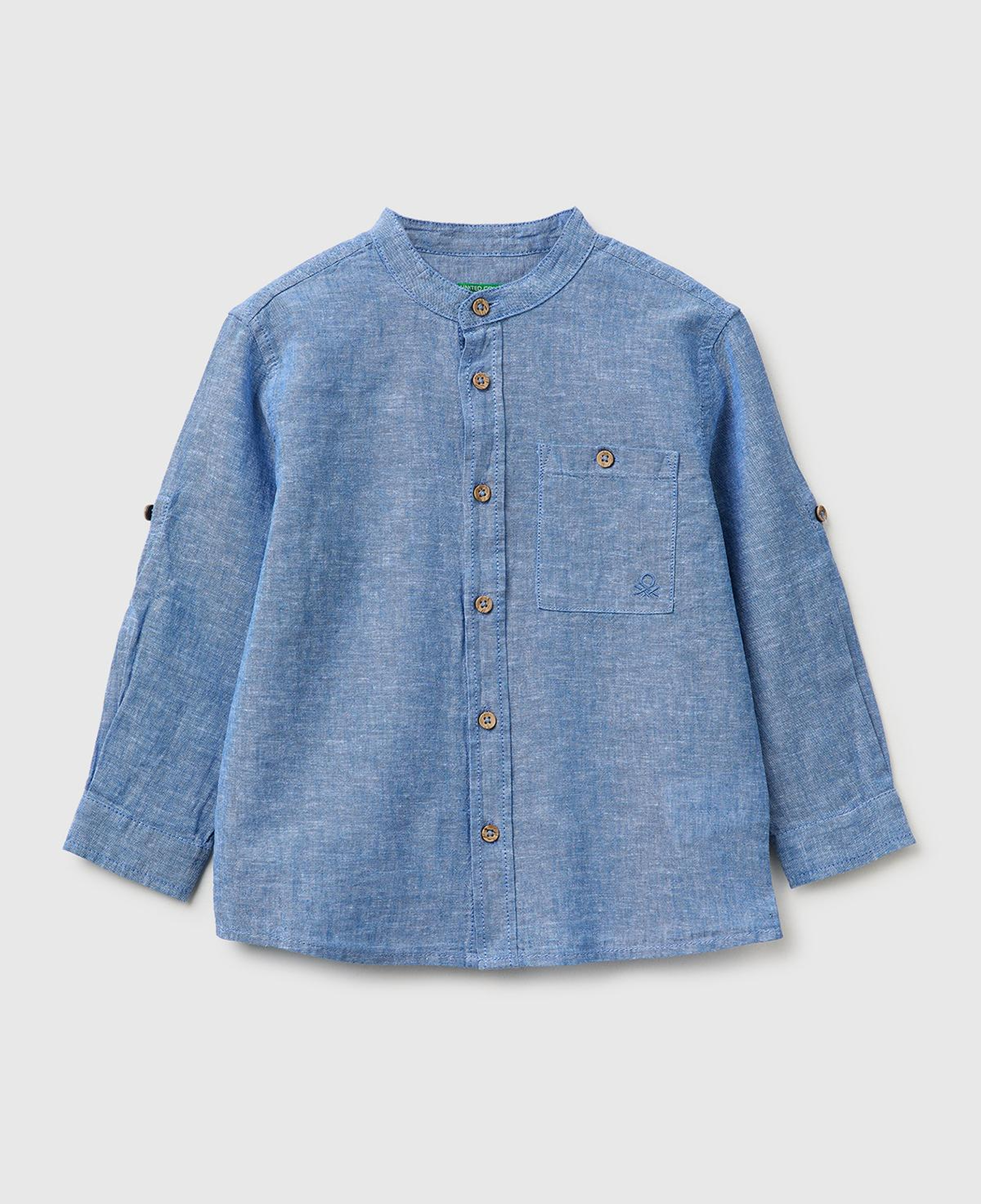 Erkek Çocuk Mavi Logo İşlemeli Yama Cepli Henley Yaka Gömlek