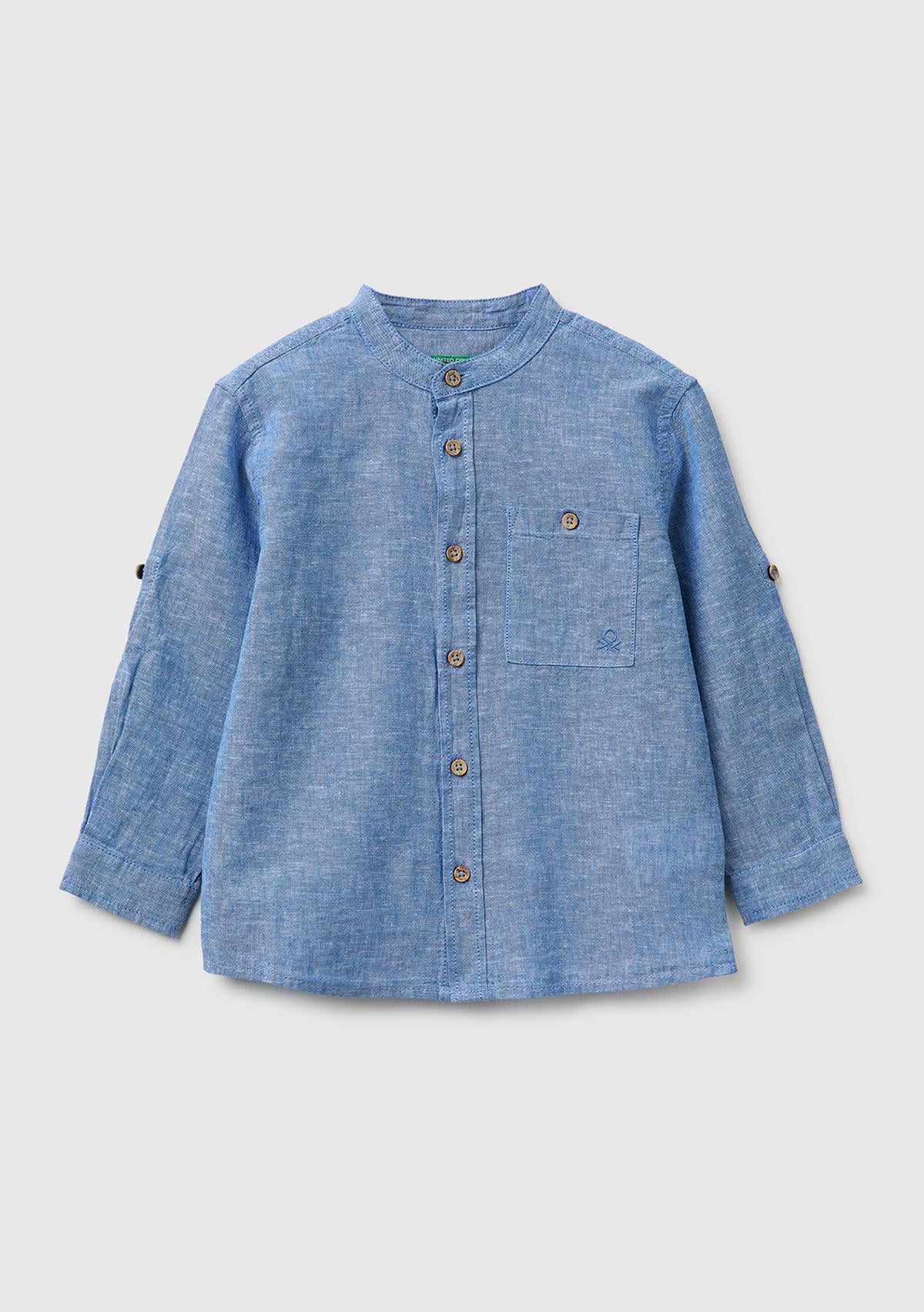Erkek Çocuk Mavi Logo İşlemeli Yama Cepli Henley Yaka Gömlek