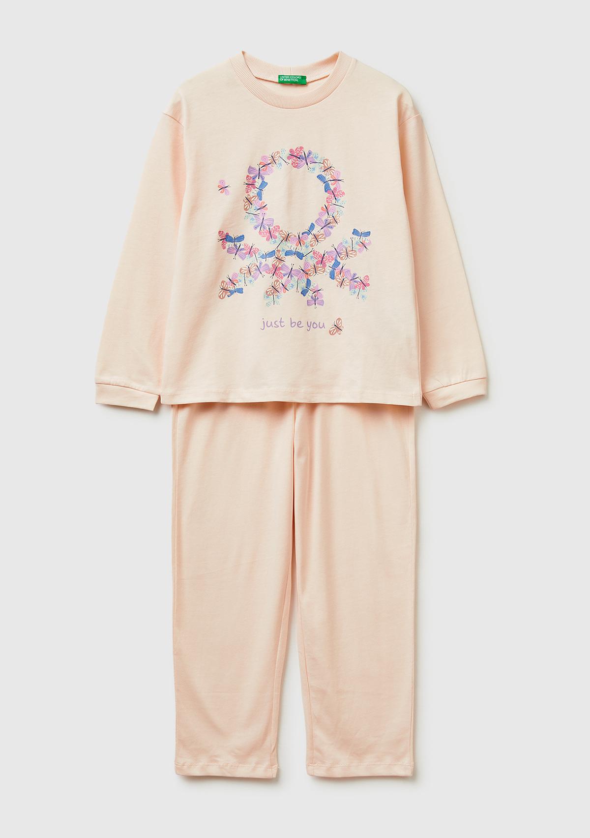 Erkek Çocuk Yavruağzı Kabarık Simli Baskılı Uzun Kollu Pijama Takımı