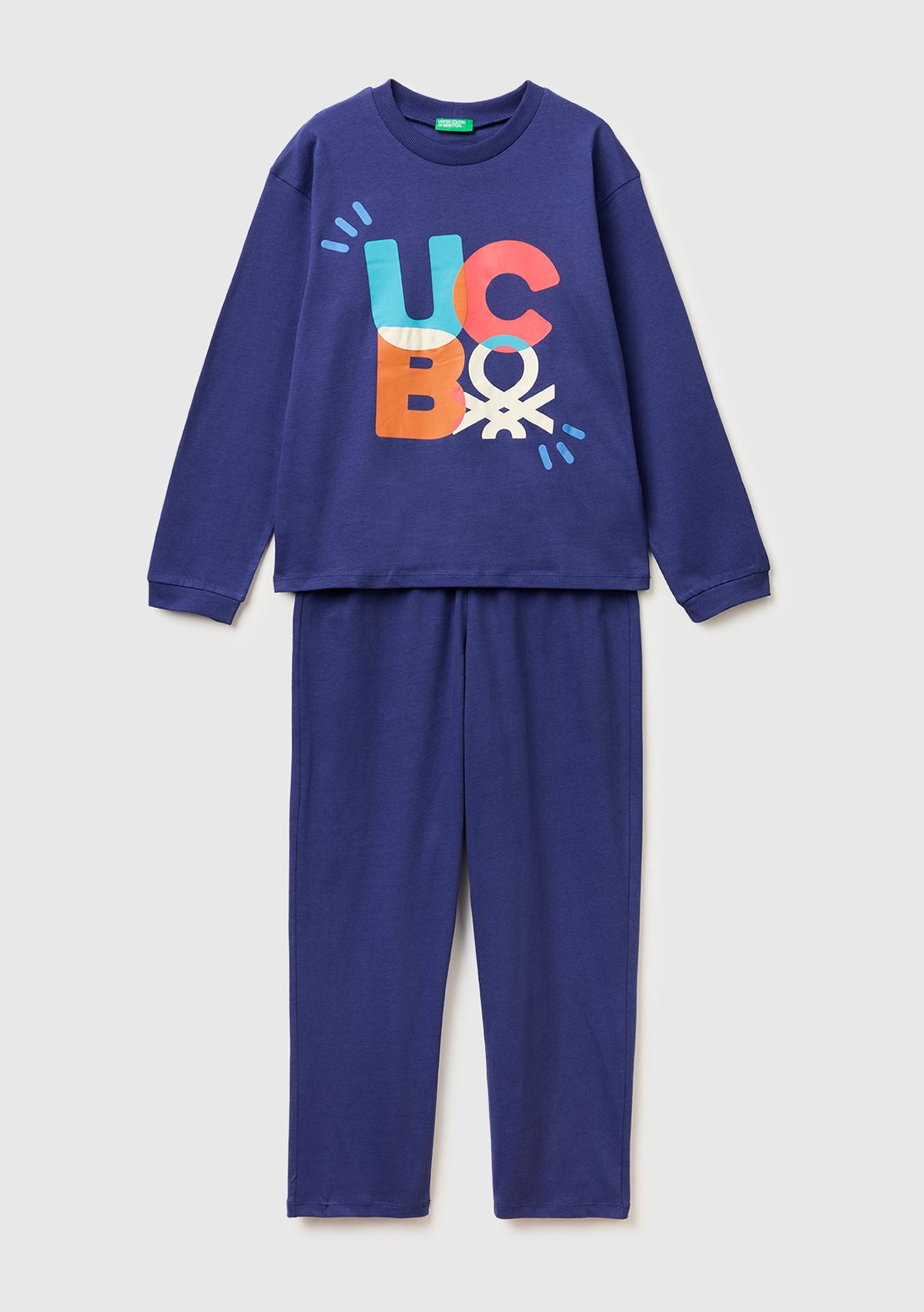 Erkek Çocuk Lavanta Mavisi Kabarık Simli Baskılı Uzun Kollu Pijama Takımı