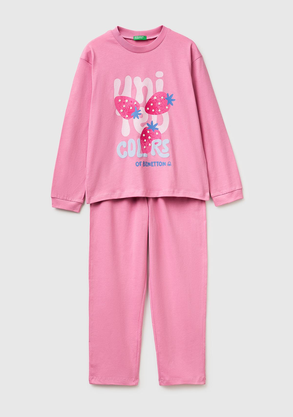 Erkek Çocuk Gül Kurusu Kabarık Simli Baskılı Uzun Kollu Pijama Takımı
