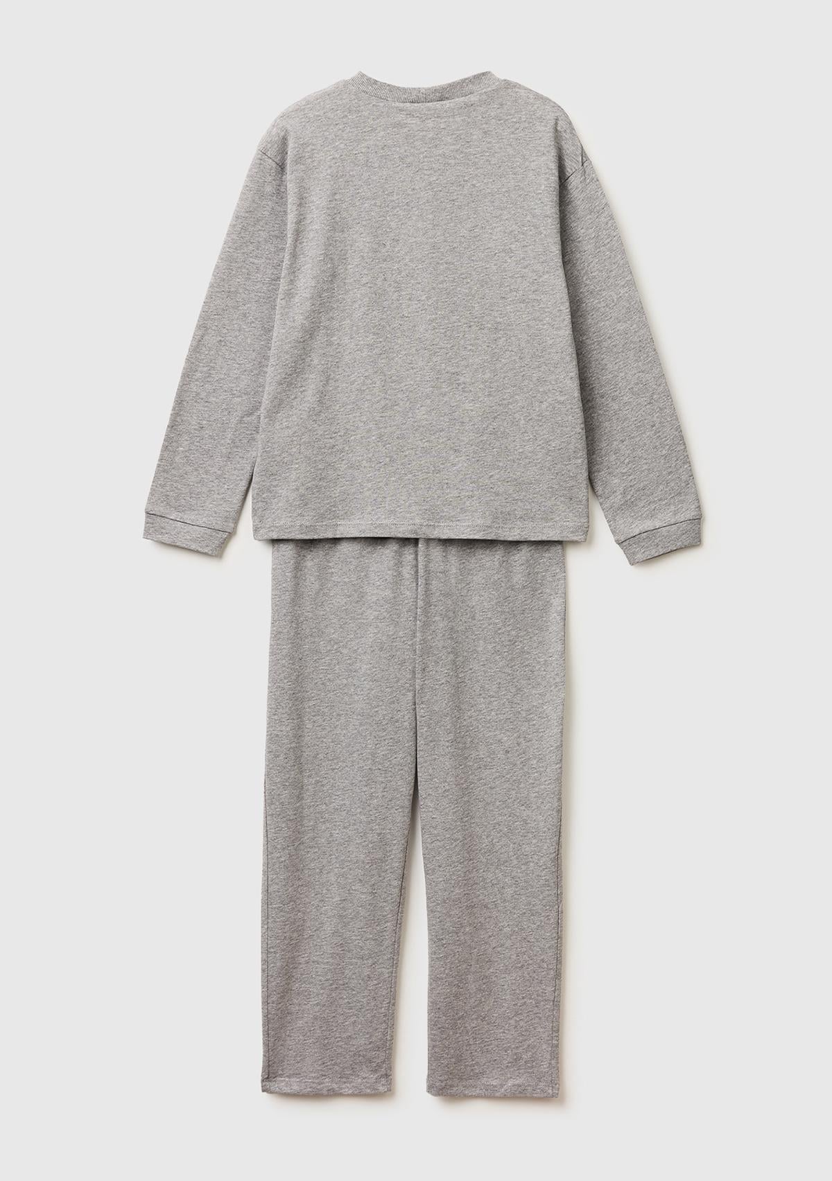 Erkek Çocuk Gri melanj Kabarık Simli Baskılı Uzun Kollu Pijama Takımı