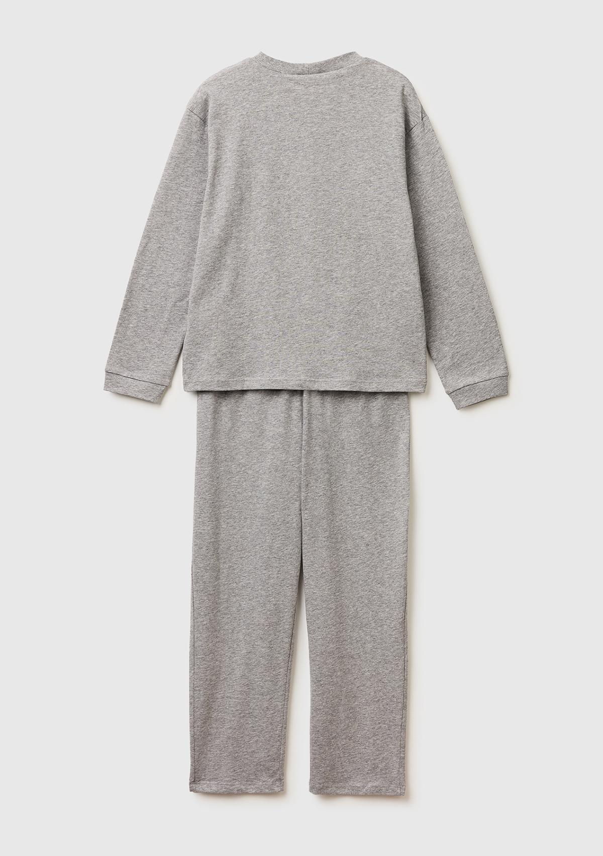 Erkek Çocuk Gri melanj Kabarık Simli Baskılı Uzun Kollu Pijama Takımı