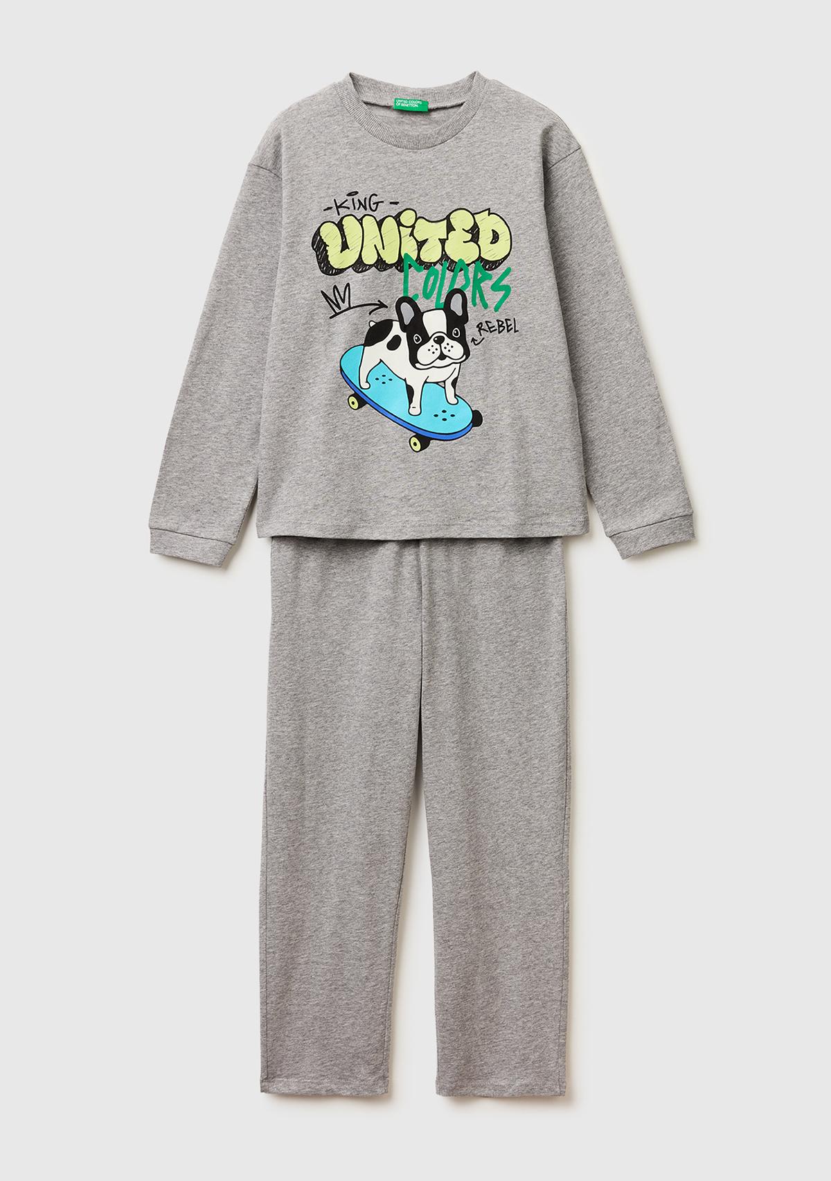 Erkek Çocuk Gri melanj Kabarık Simli Baskılı Uzun Kollu Pijama Takımı