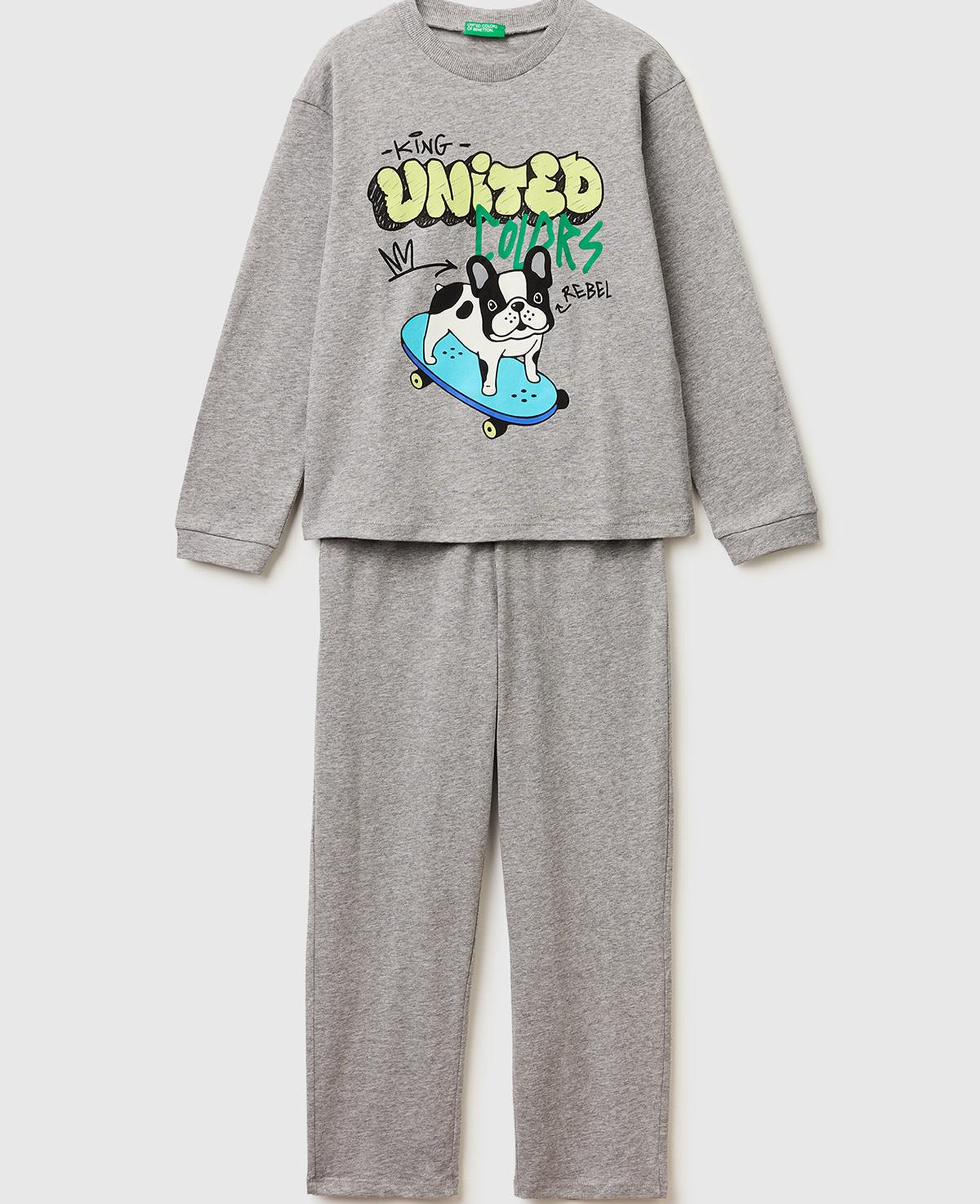 Erkek Çocuk Gri melanj Kabarık Simli Baskılı Uzun Kollu Pijama Takımı