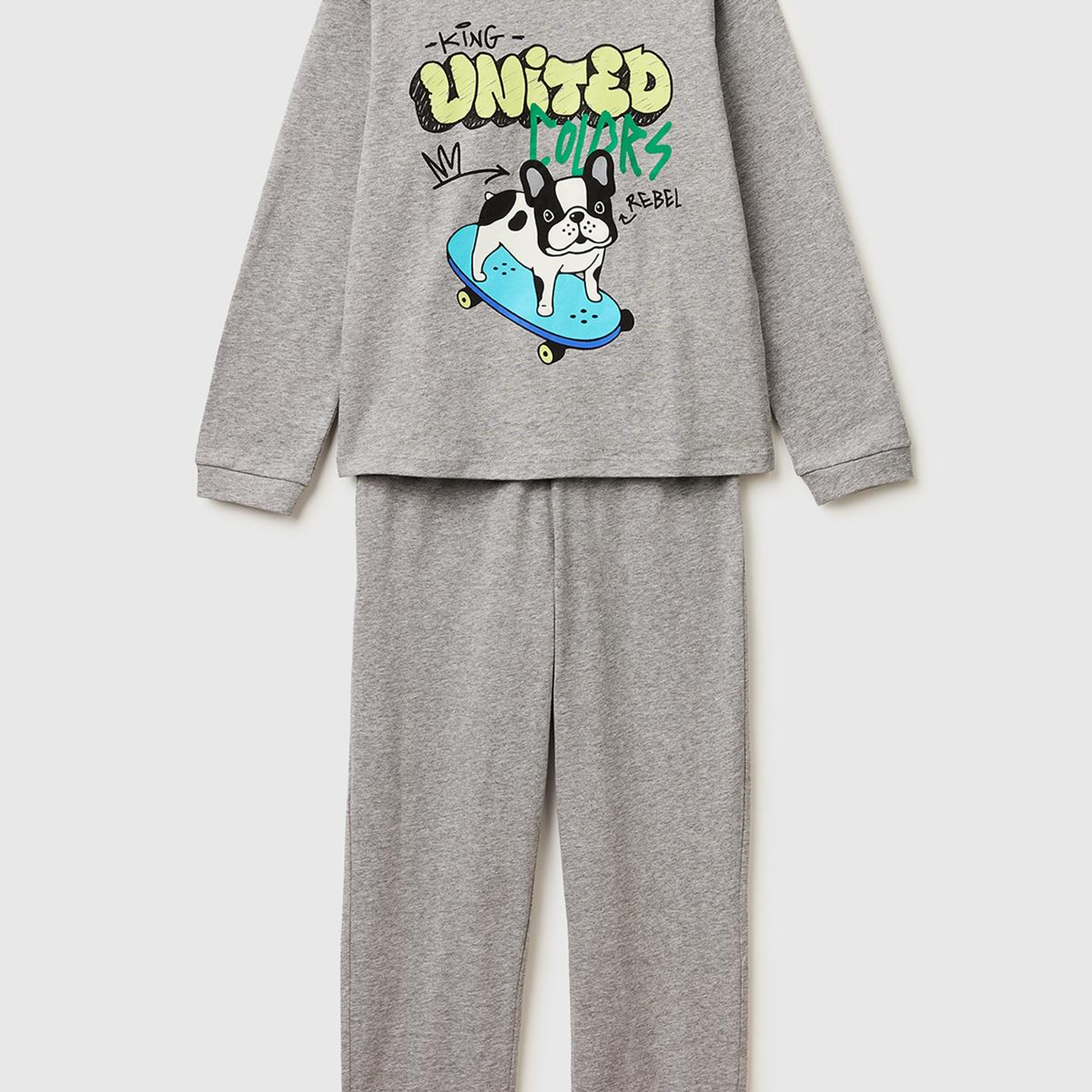 Erkek Çocuk Gri melanj Kabarık Simli Baskılı Uzun Kollu Pijama Takımı