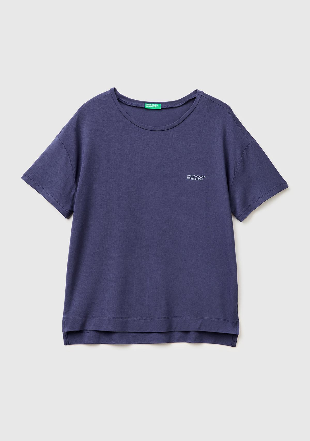 Kadın Koyu Mavi Modal Karışımlı Logolu Kısa Kollu Yuvarlak Yaka T-Shirt