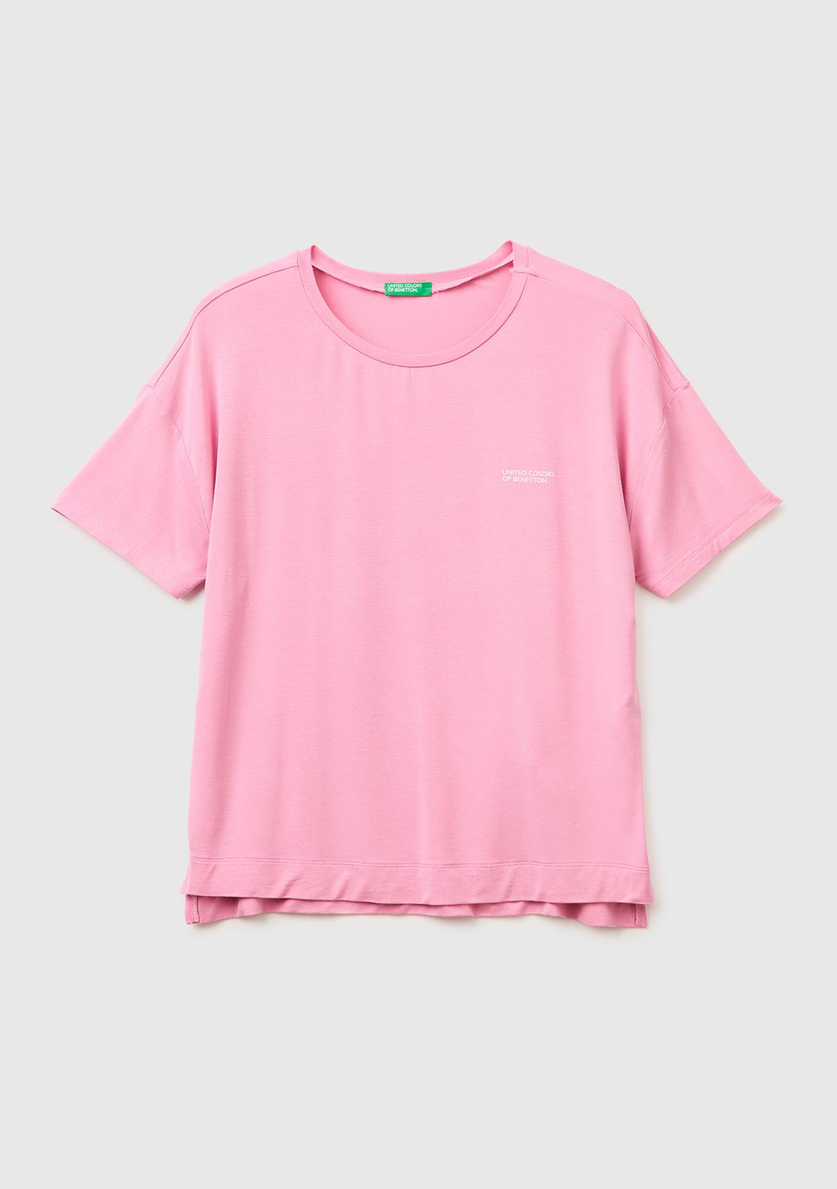 Kadın Pembe Modal Karışımlı Logolu Kısa Kollu Yuvarlak Yaka T-Shirt
