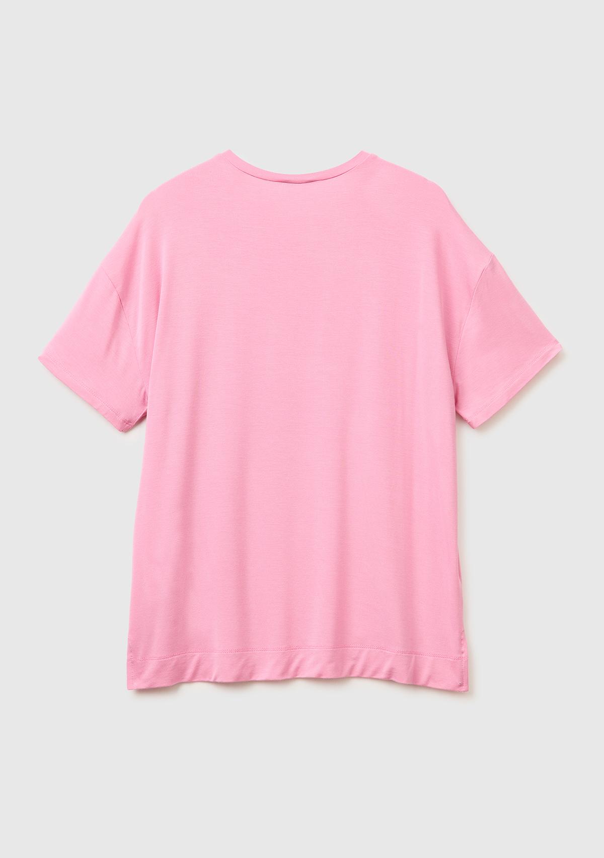 Kadın Pembe Modal Karışımlı Logolu Kısa Kollu Yuvarlak Yaka T-Shirt