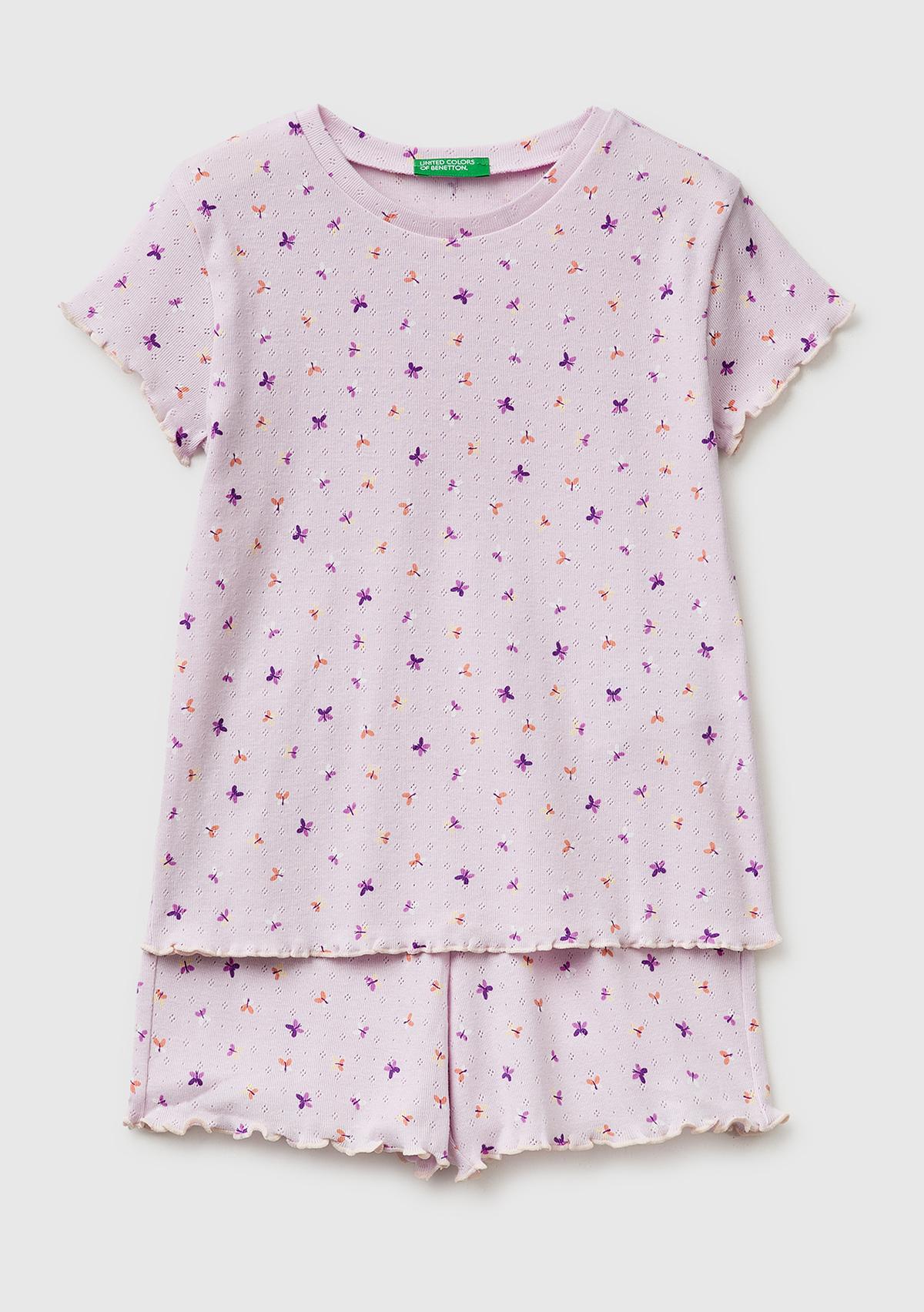 Kız Çocuk Siyah Mix Desenli Fırfır Detaylı Kısa Kollu Şortlu Pijama Takımı