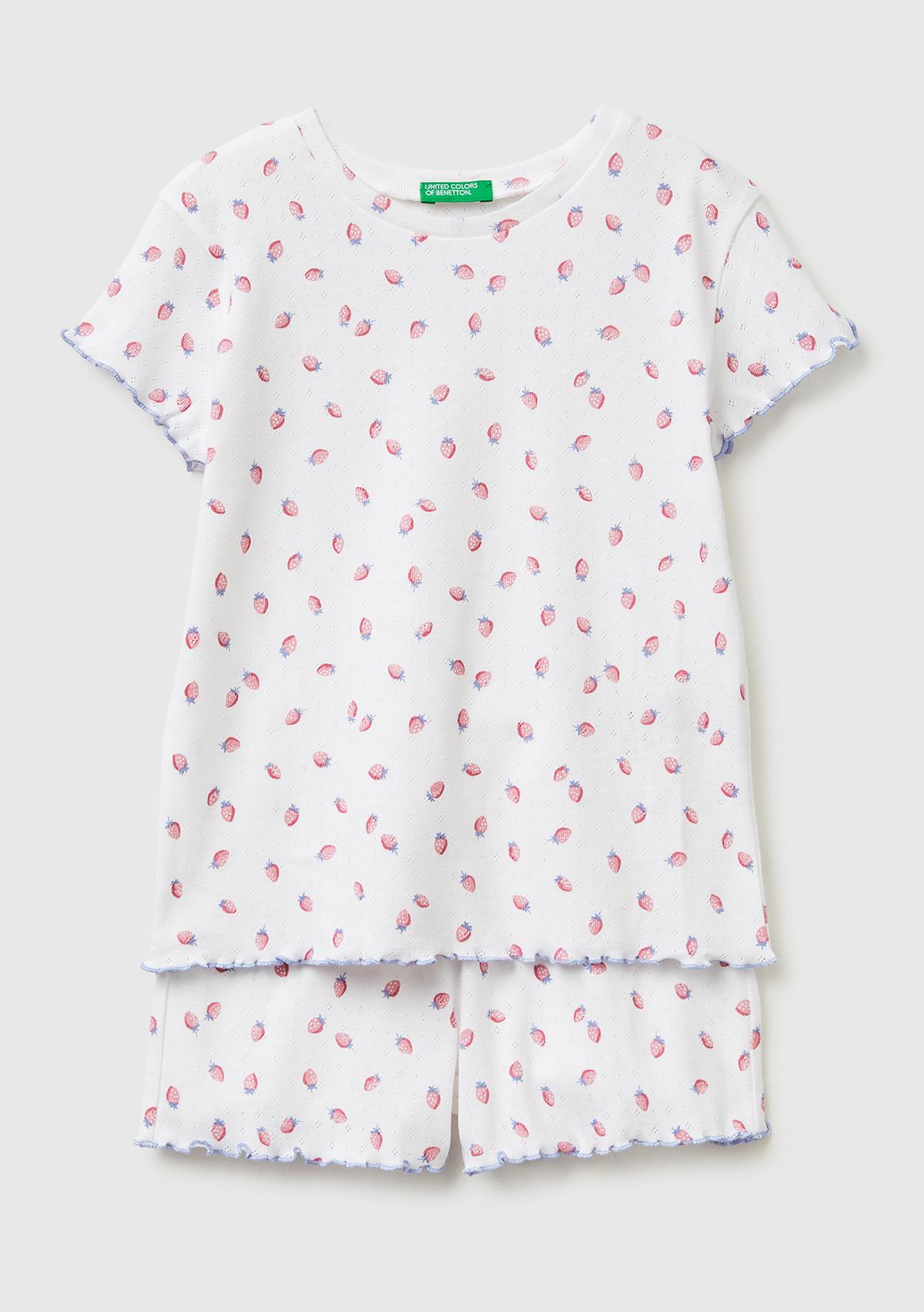 Kız Çocuk Turuncu Desenli Desenli Fırfır Detaylı Kısa Kollu Şortlu Pijama Takımı