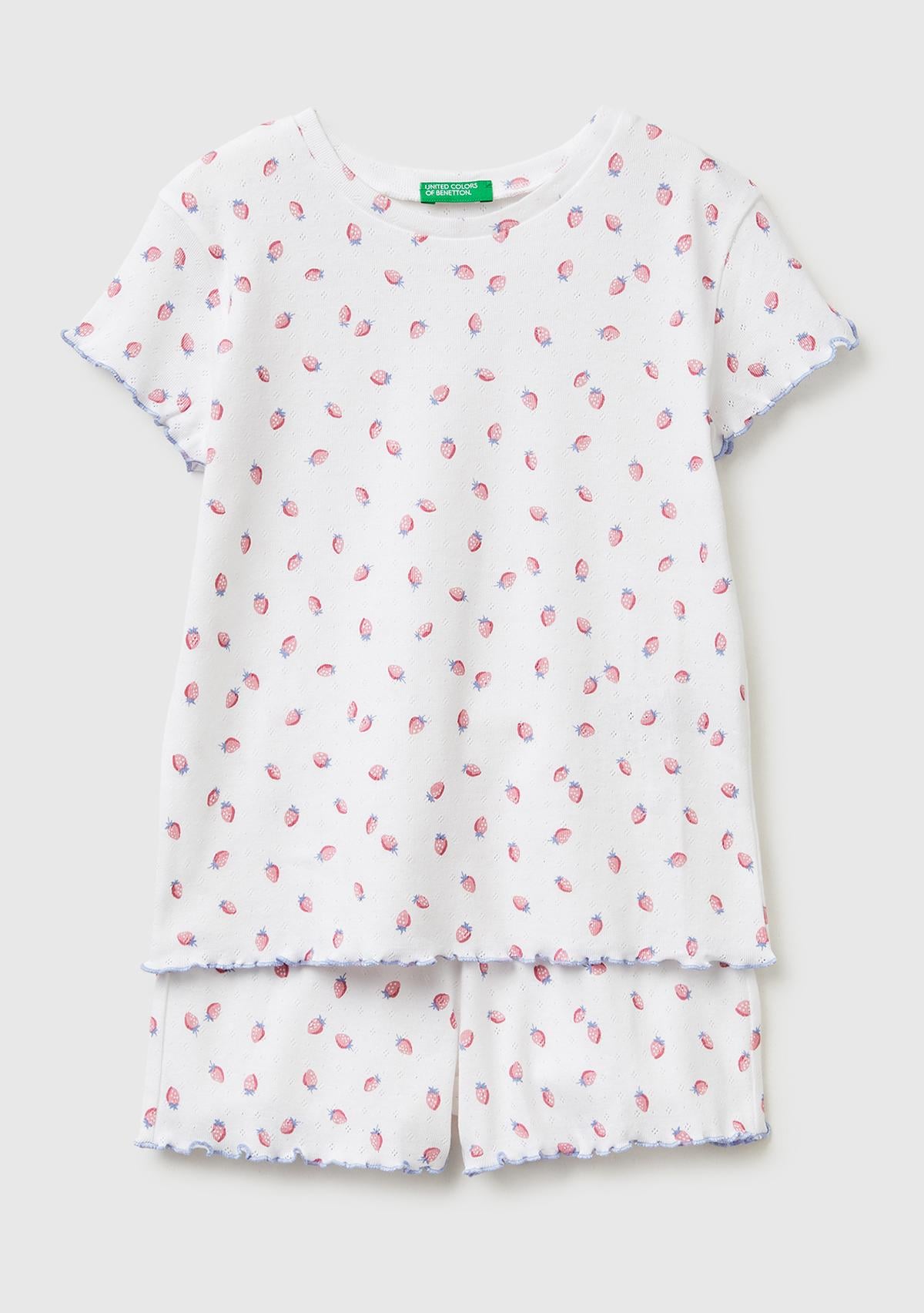 Kız Çocuk Turuncu Desenli Desenli Fırfır Detaylı Kısa Kollu Şortlu Pijama Takımı