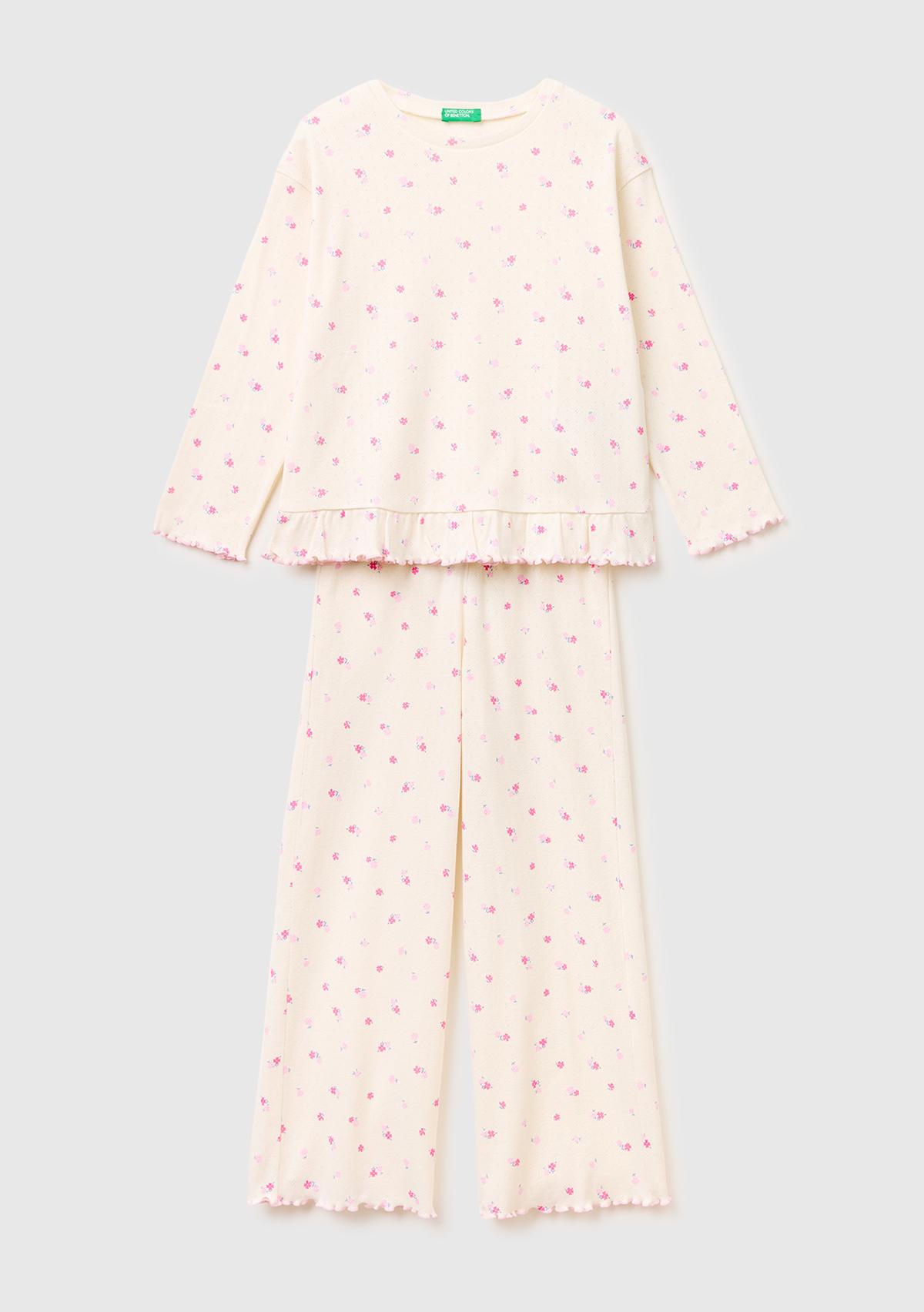Kız Çocuk Mix Desenli Fırfır Detaylı Uzun Kollu Pijama Takımı