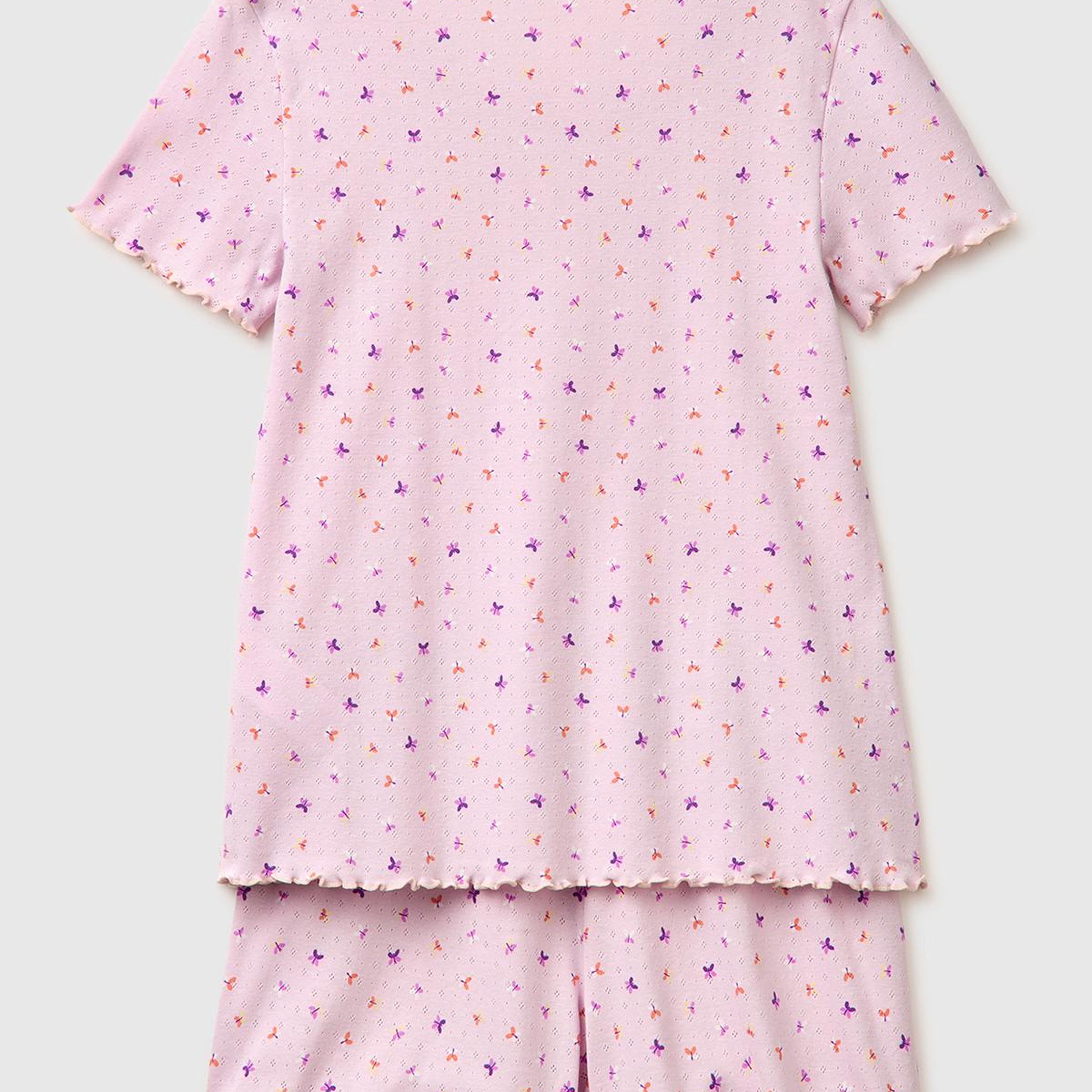 Kadın Pembe %100 Pamuk Fırfır Detaylı Desenli Pijama Takımı
