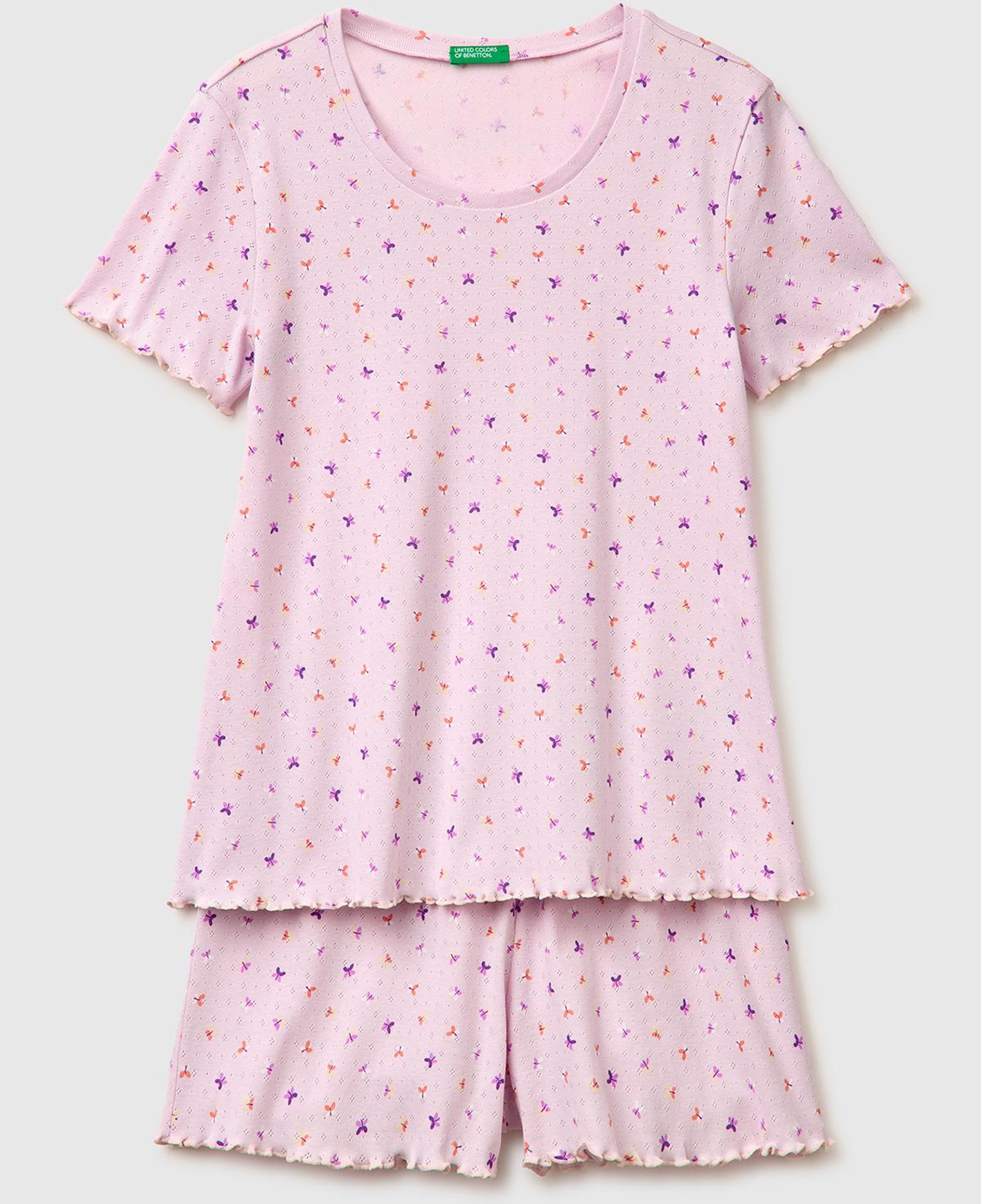 Kadın Pembe %100 Pamuk Fırfır Detaylı Desenli Pijama Takımı