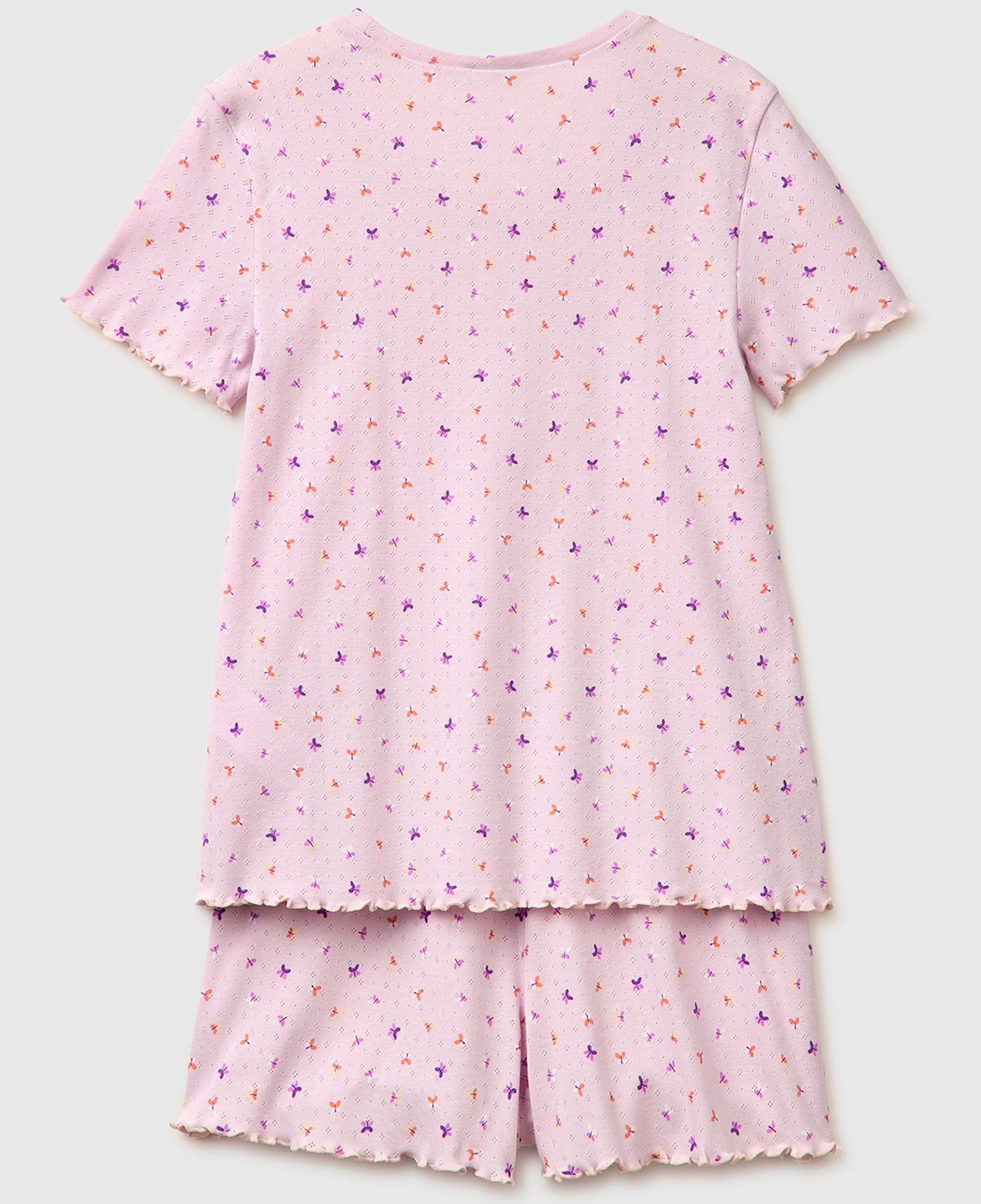 Kadın Pembe %100 Pamuk Fırfır Detaylı Desenli Pijama Takımı