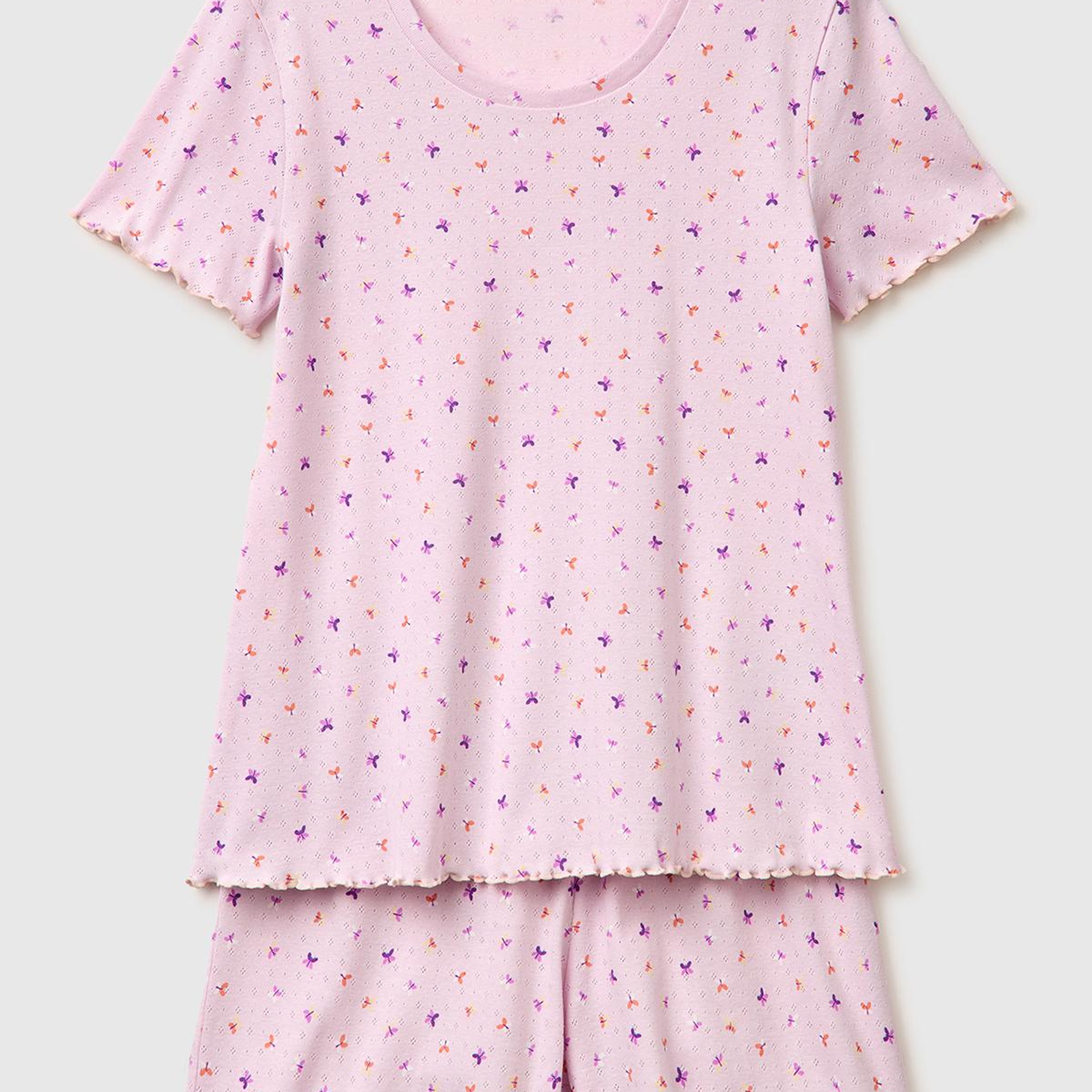 Kadın Pembe %100 Pamuk Fırfır Detaylı Desenli Pijama Takımı