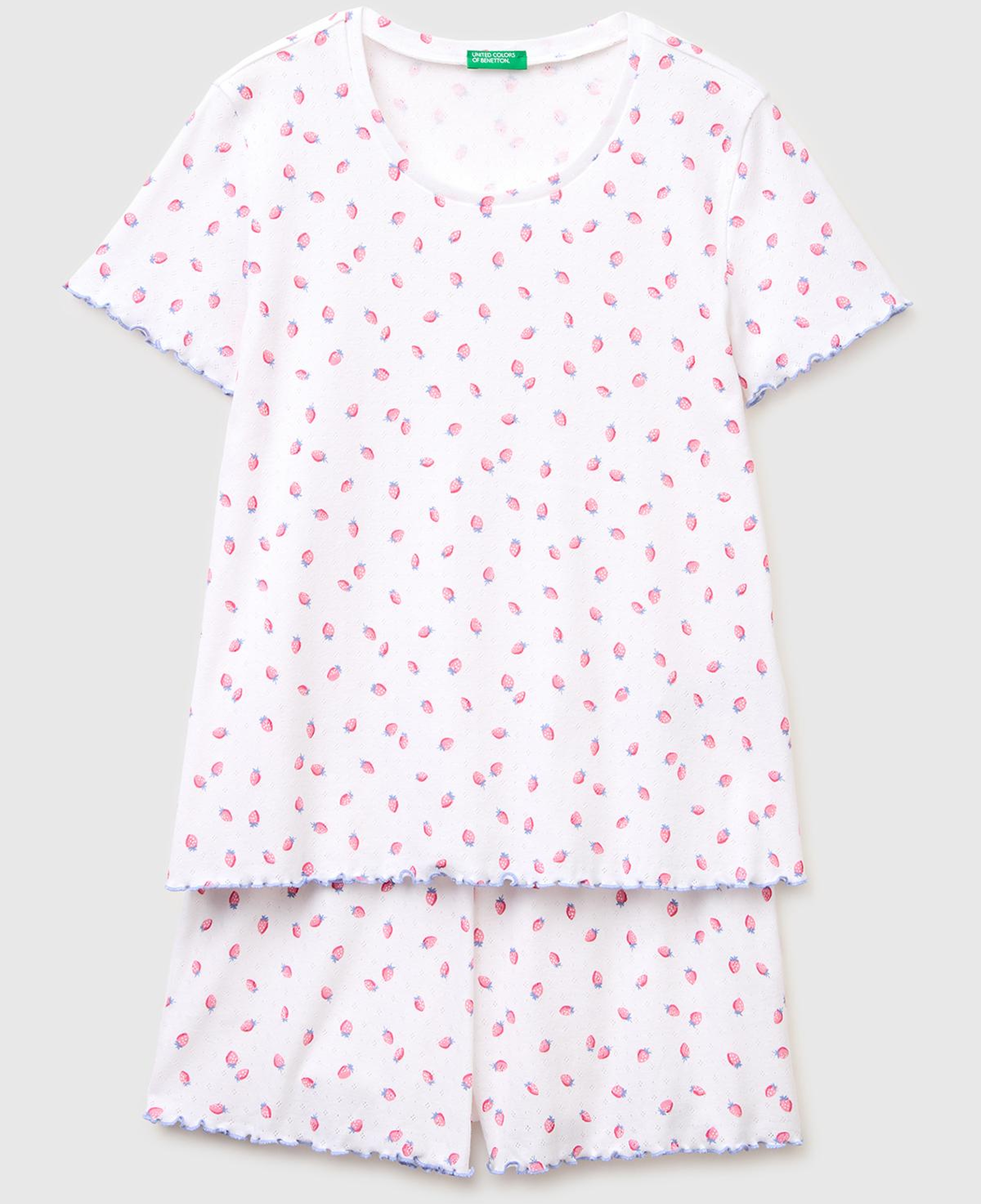 Kadın Beyaz %100 Pamuk Fırfır Detaylı Desenli Pijama Takımı