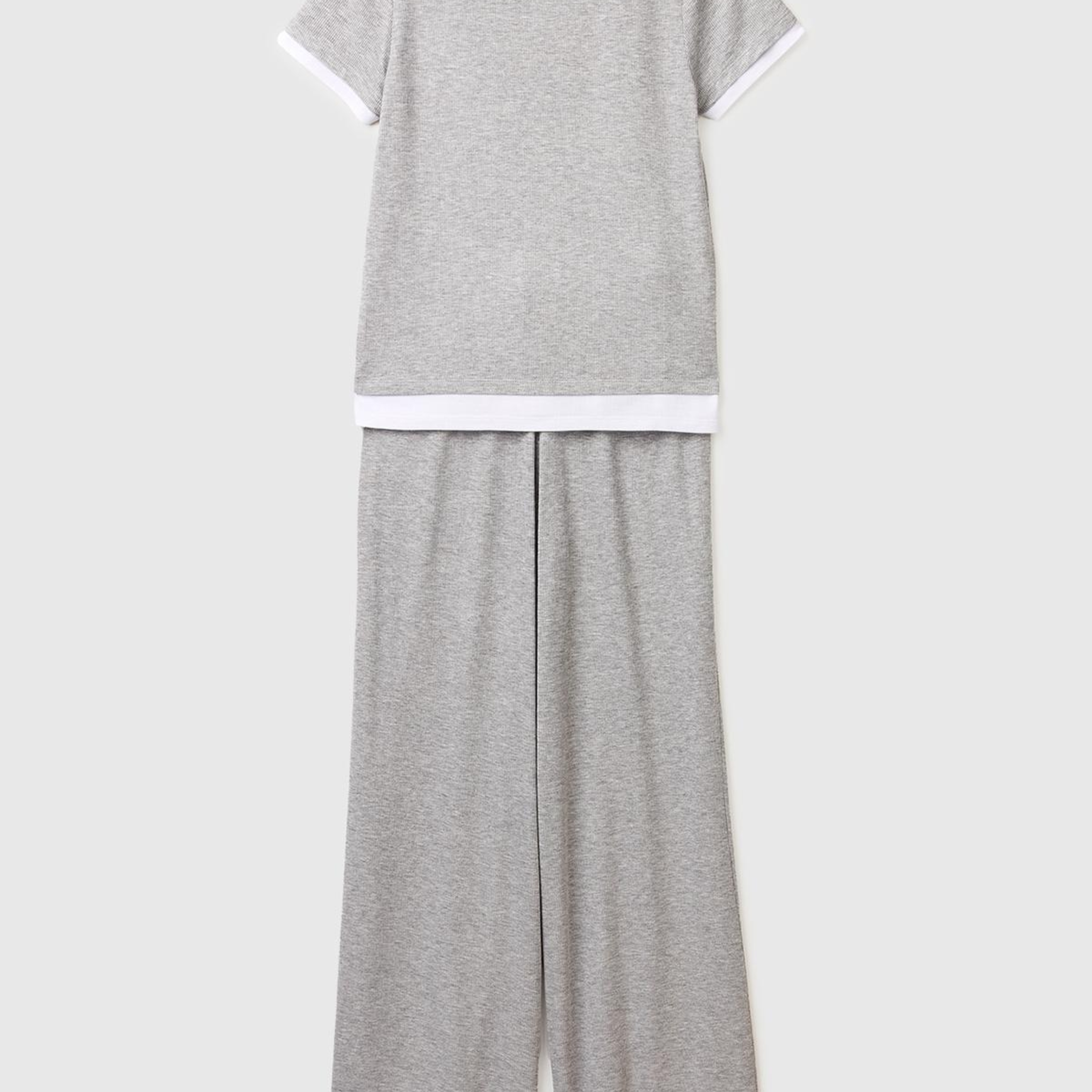 Kadın Gri Melanj Viskoz Karışımlı Kontrast Renkli Rahat  Pijama Takımı