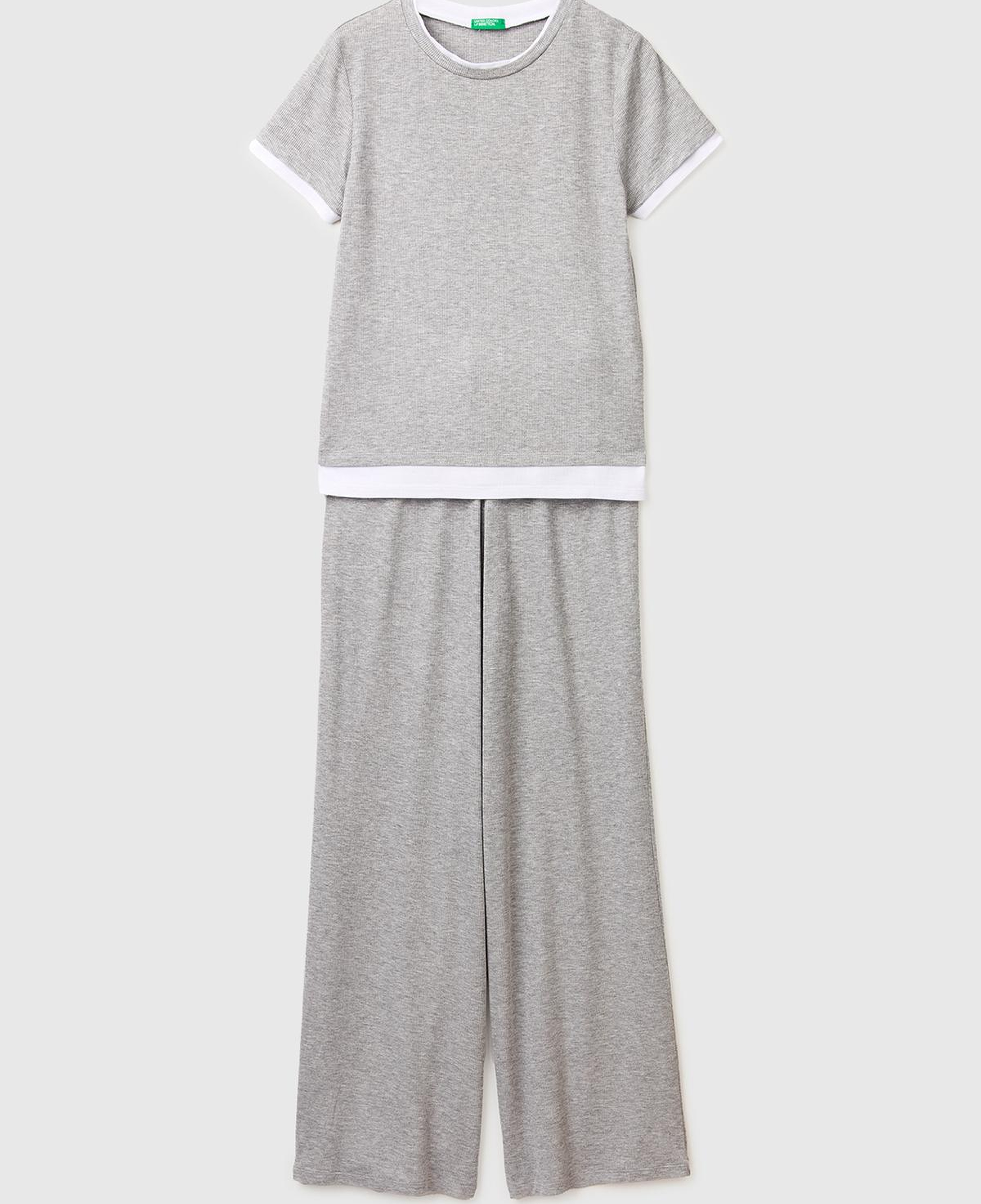 Kadın Gri Melanj Viskoz Karışımlı Kontrast Renkli Rahat Pijama Takımı