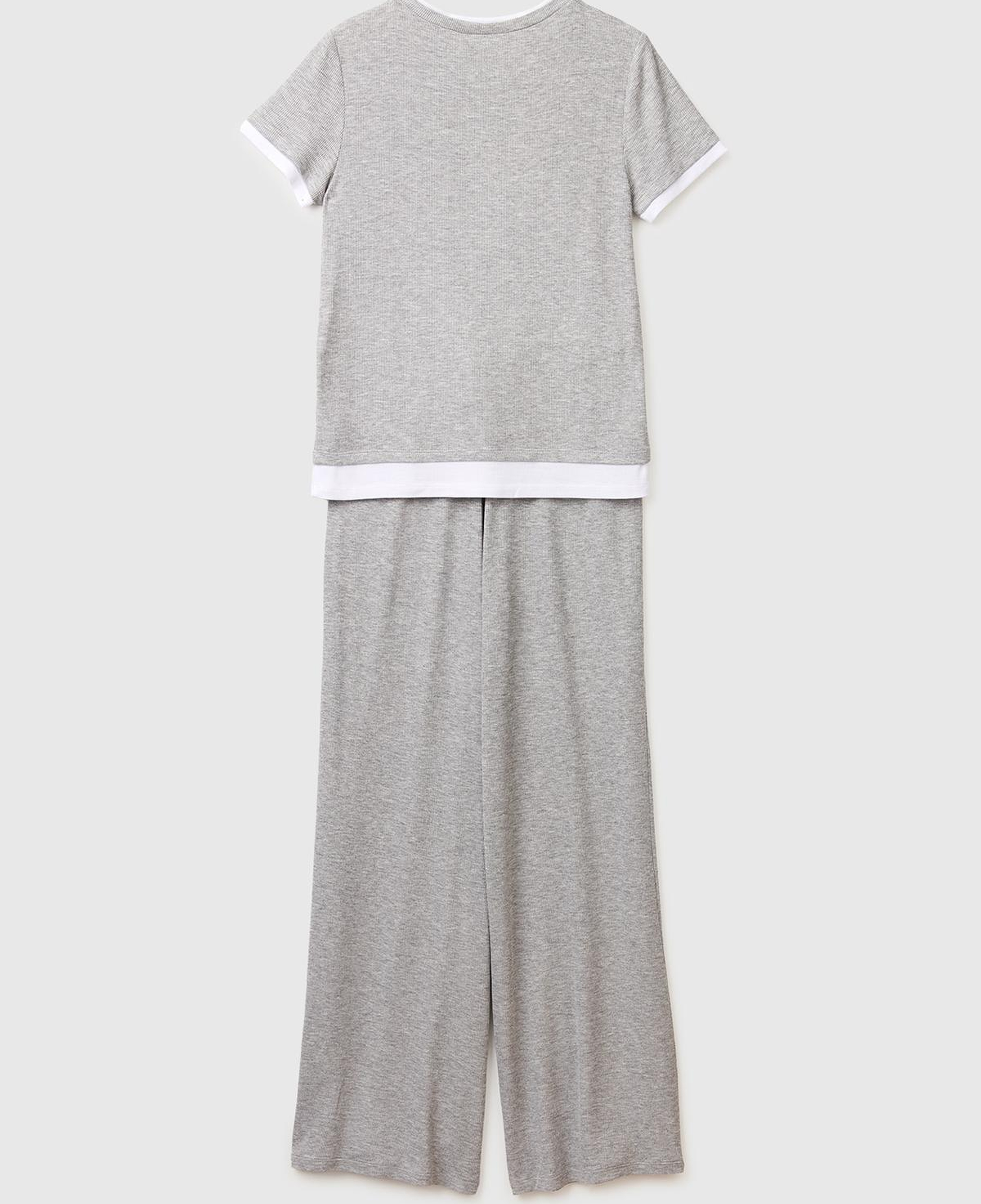Kadın Gri Melanj Viskoz Karışımlı Kontrast Renkli Rahat Pijama Takımı