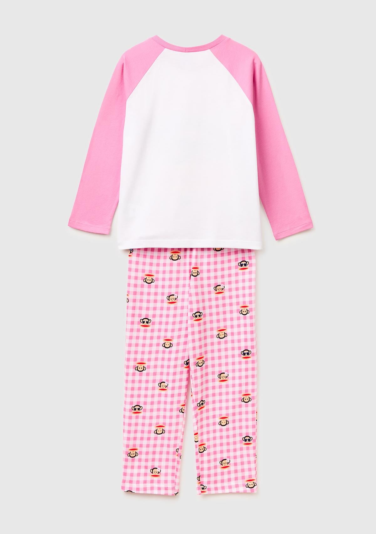 Kız Çocuk Beyaz Kontrast Kol Detaylı Simli Baskılı Pijama Takımı