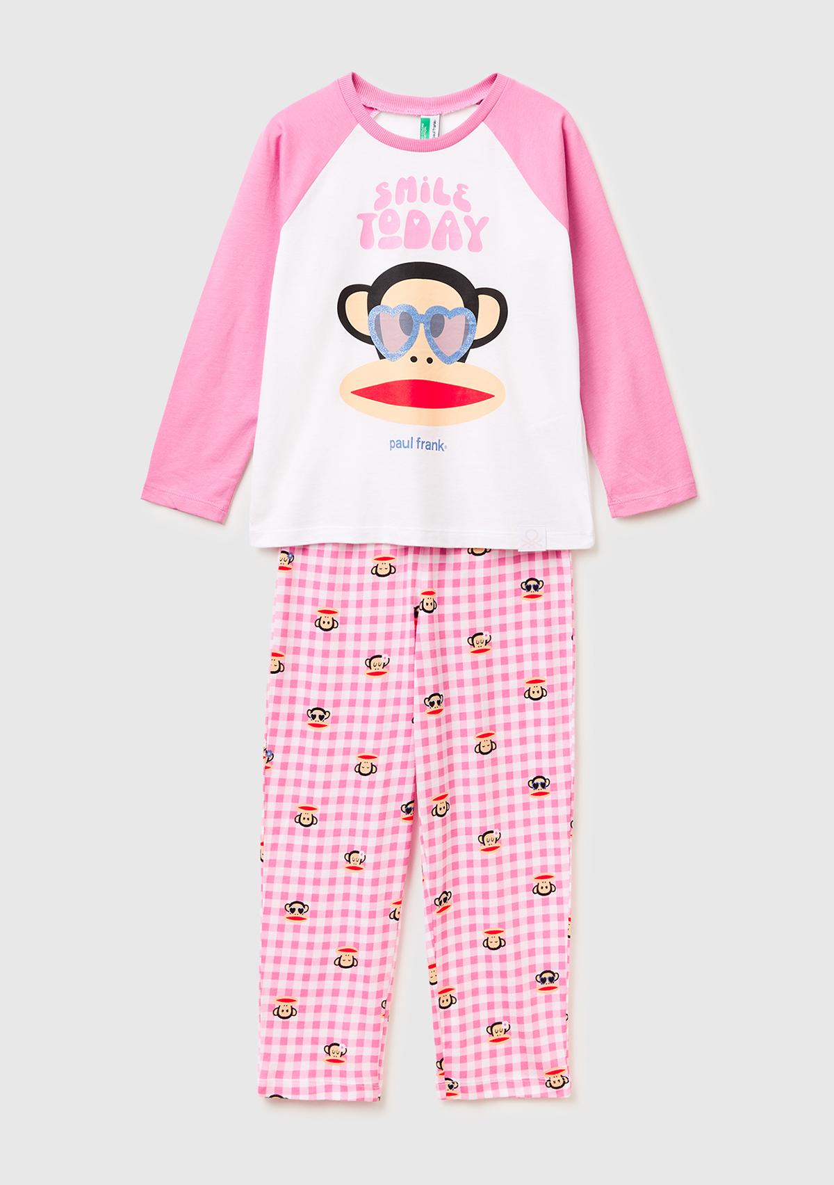 Kız Çocuk Beyaz Kontrast Kol Detaylı Simli Baskılı Pijama Takımı