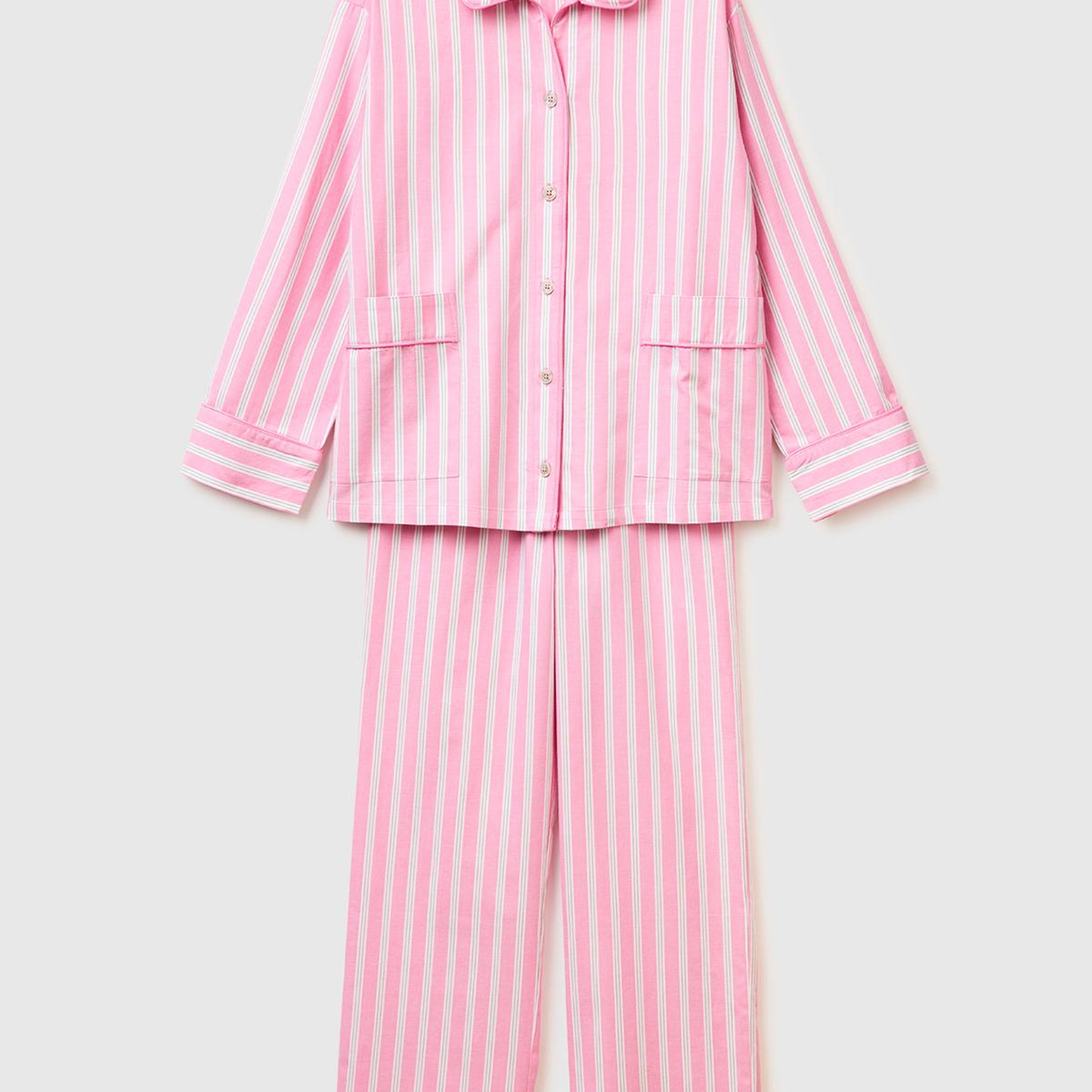 Kadın Pembe %100 Pamuk Çizgili Cep Detaylı Gömlek Yaka Pijama Takımı
