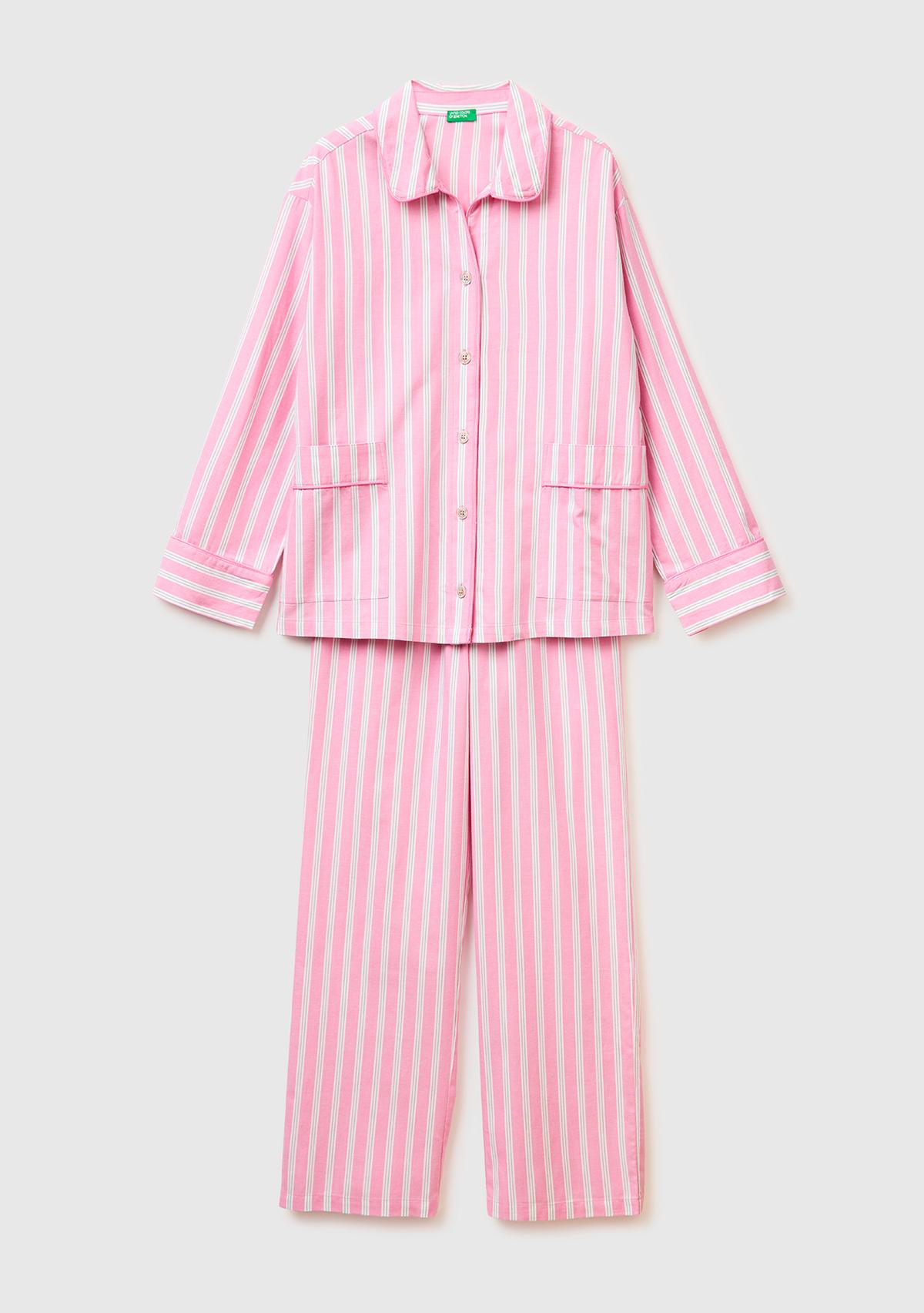Kadın Pembe %100 Pamuk Çizgili Cep Detaylı Gömlek Yaka Pijama Takımı