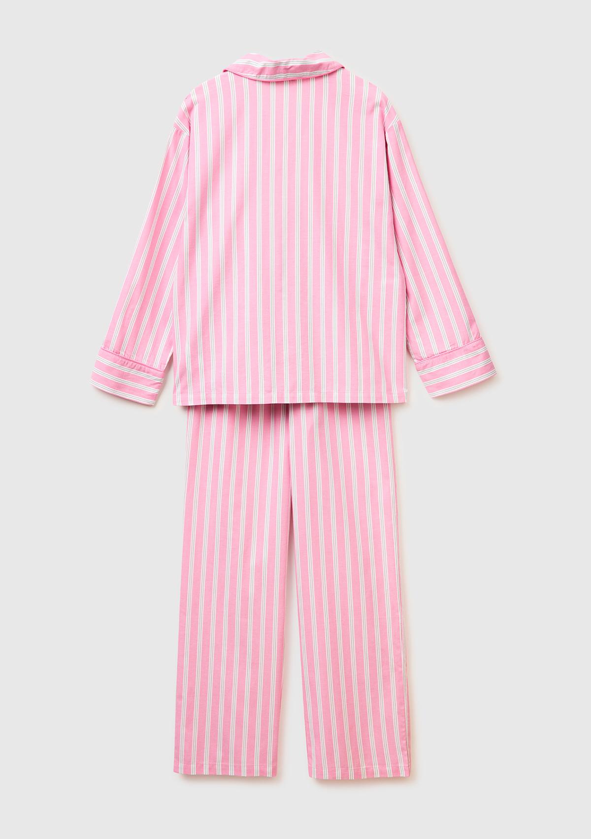 Kadın Pembe %100 Pamuk Çizgili Cep Detaylı Gömlek Yaka Pijama Takımı