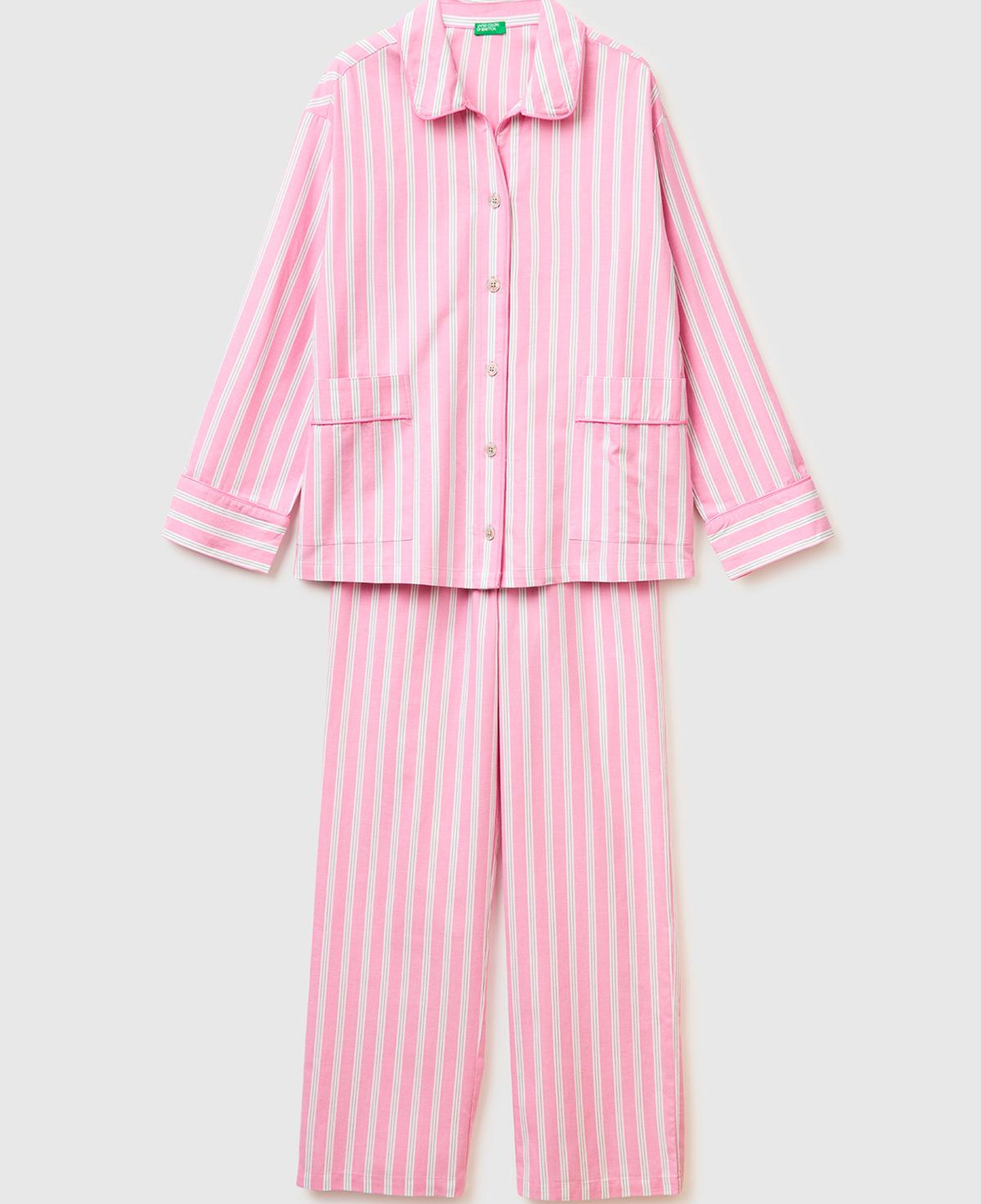 Kadın Pembe %100 Pamuk Çizgili Cep Detaylı Gömlek Yaka Pijama Takımı