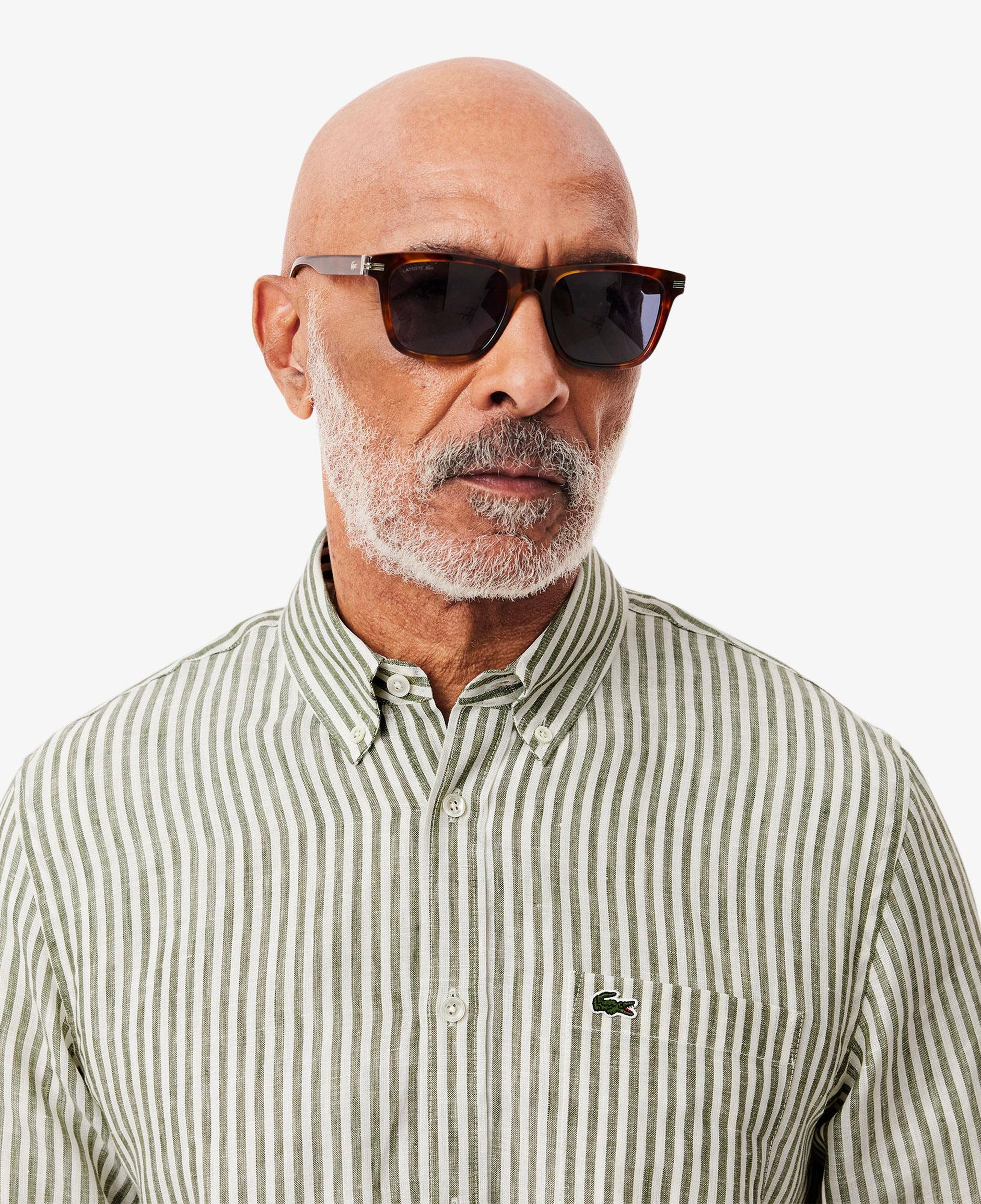 Lacoste Erkek Regular Fit Düğmeli Yaka Çizgili Keten Haki Gömlek