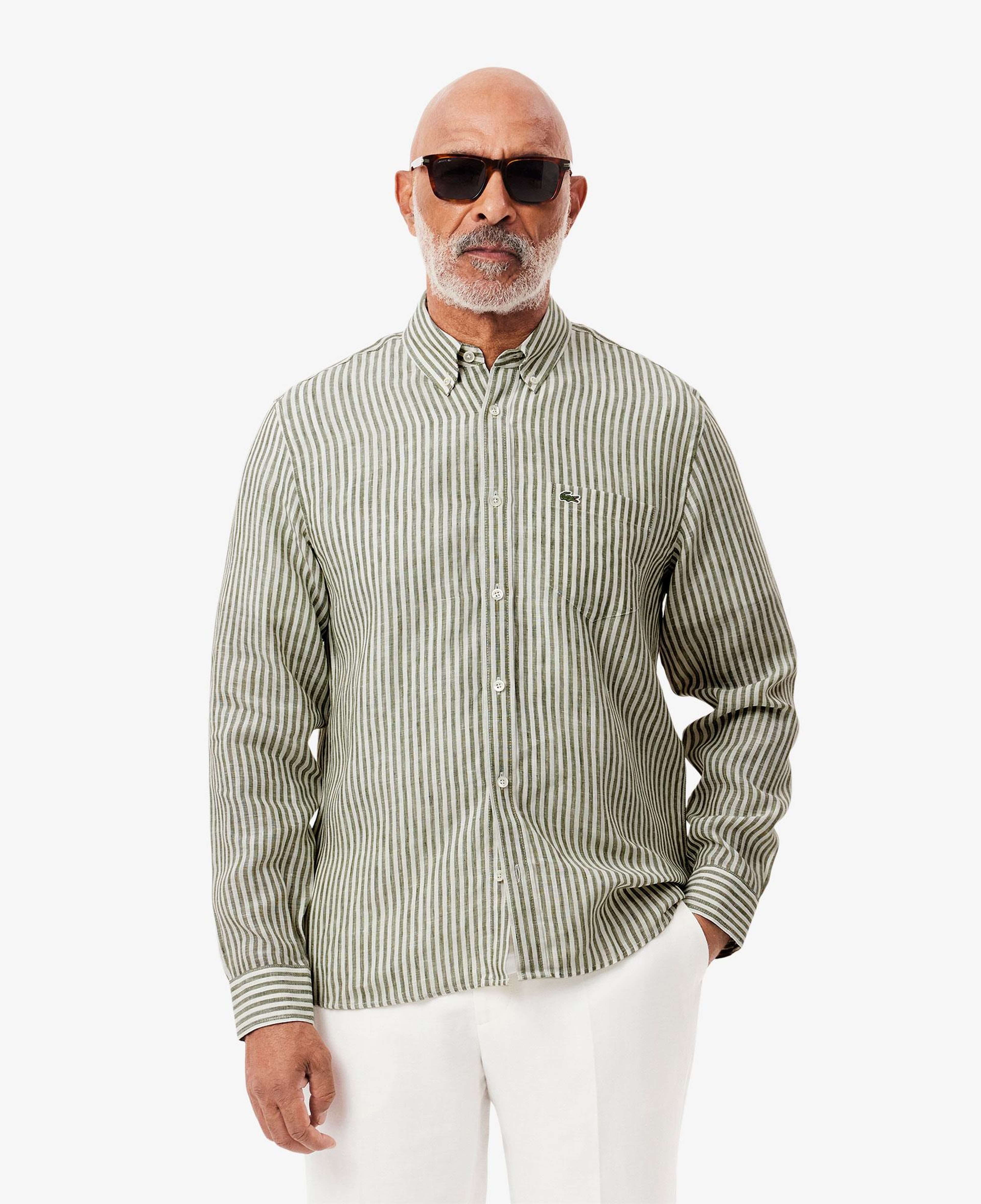 Lacoste Erkek Regular Fit Düğmeli Yaka Çizgili Keten Haki Gömlek