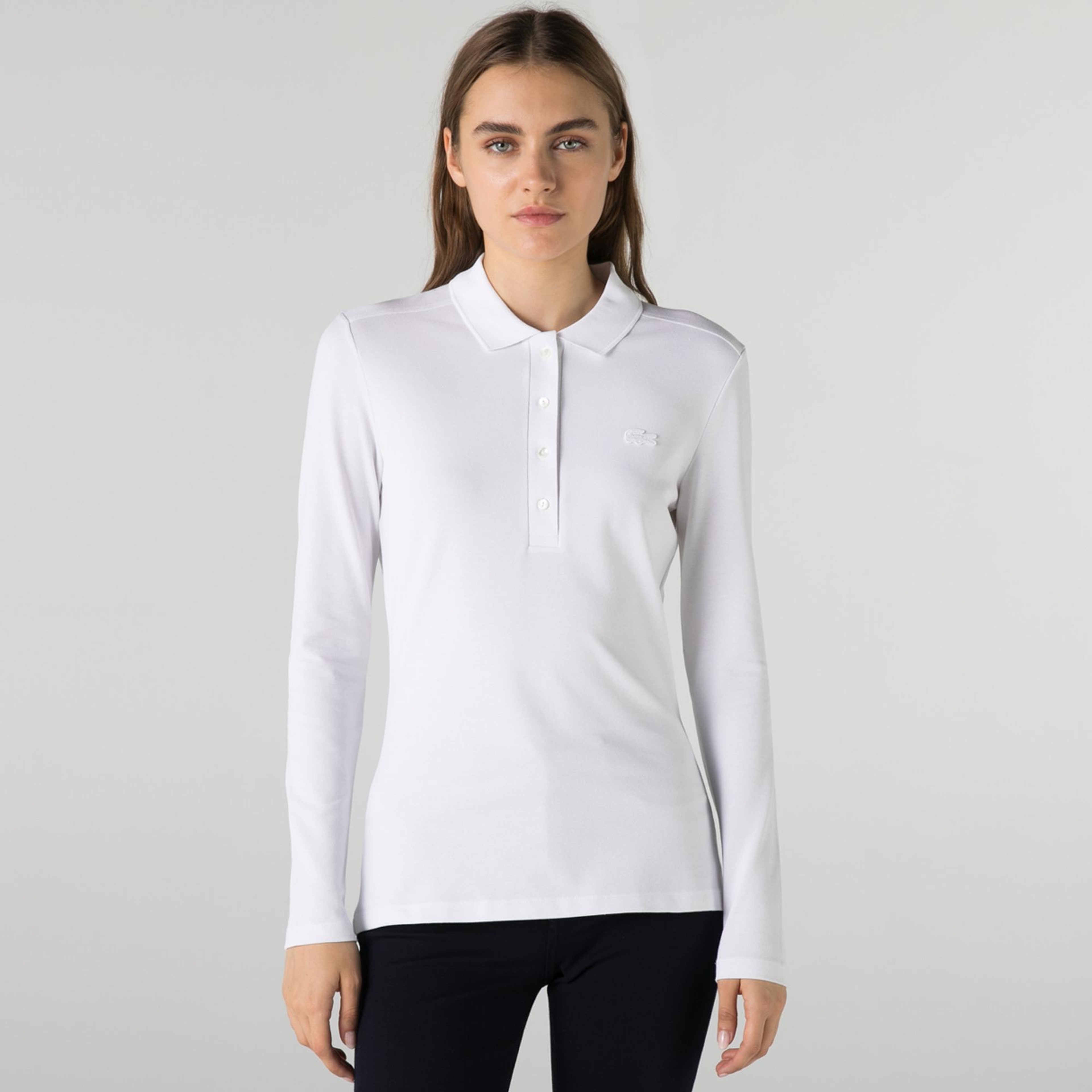 Lacoste Kadın Slim Fit Uzun Kollu Beyaz Polo