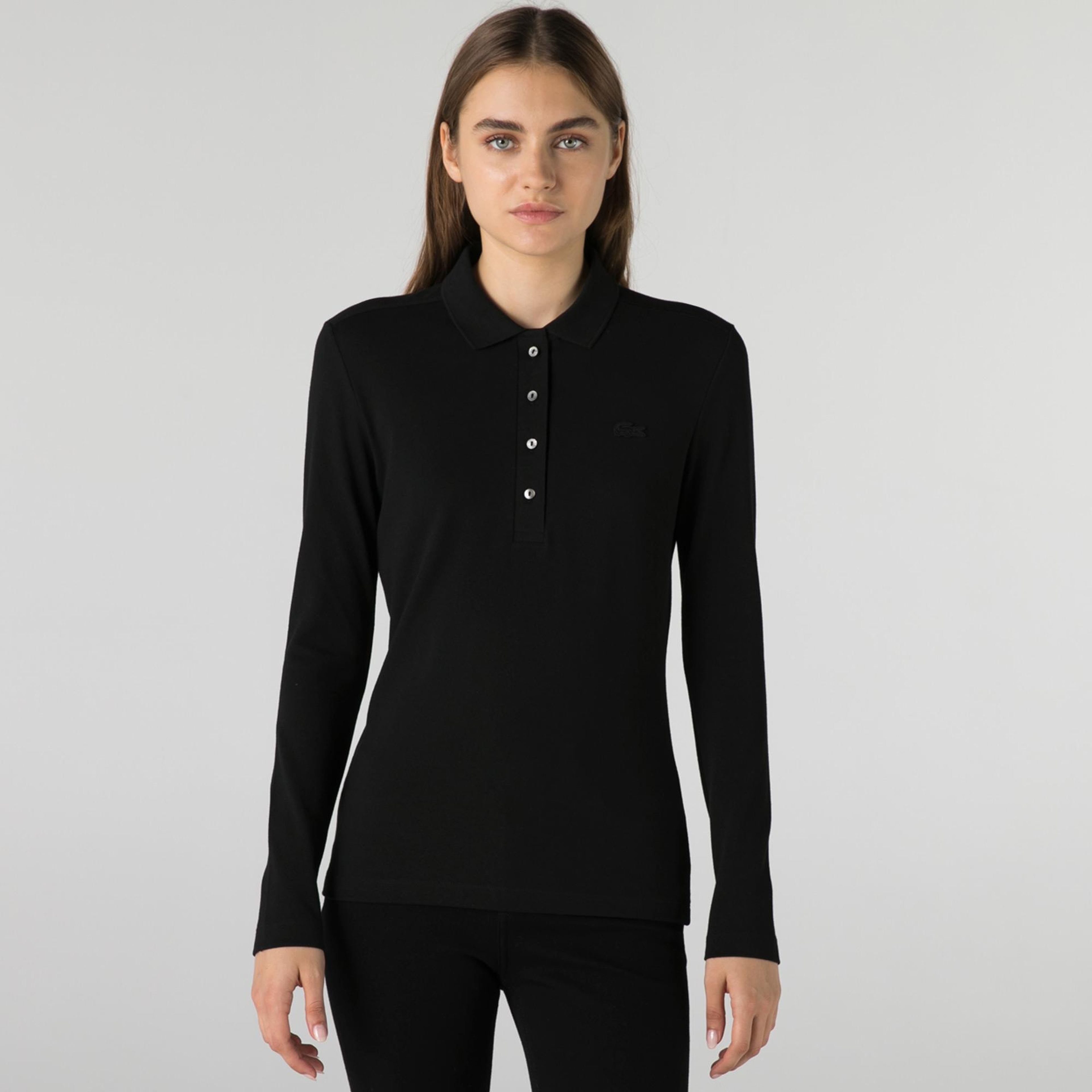 Lacoste Kadın Slim Fit Uzun Kollu Siyah Polo