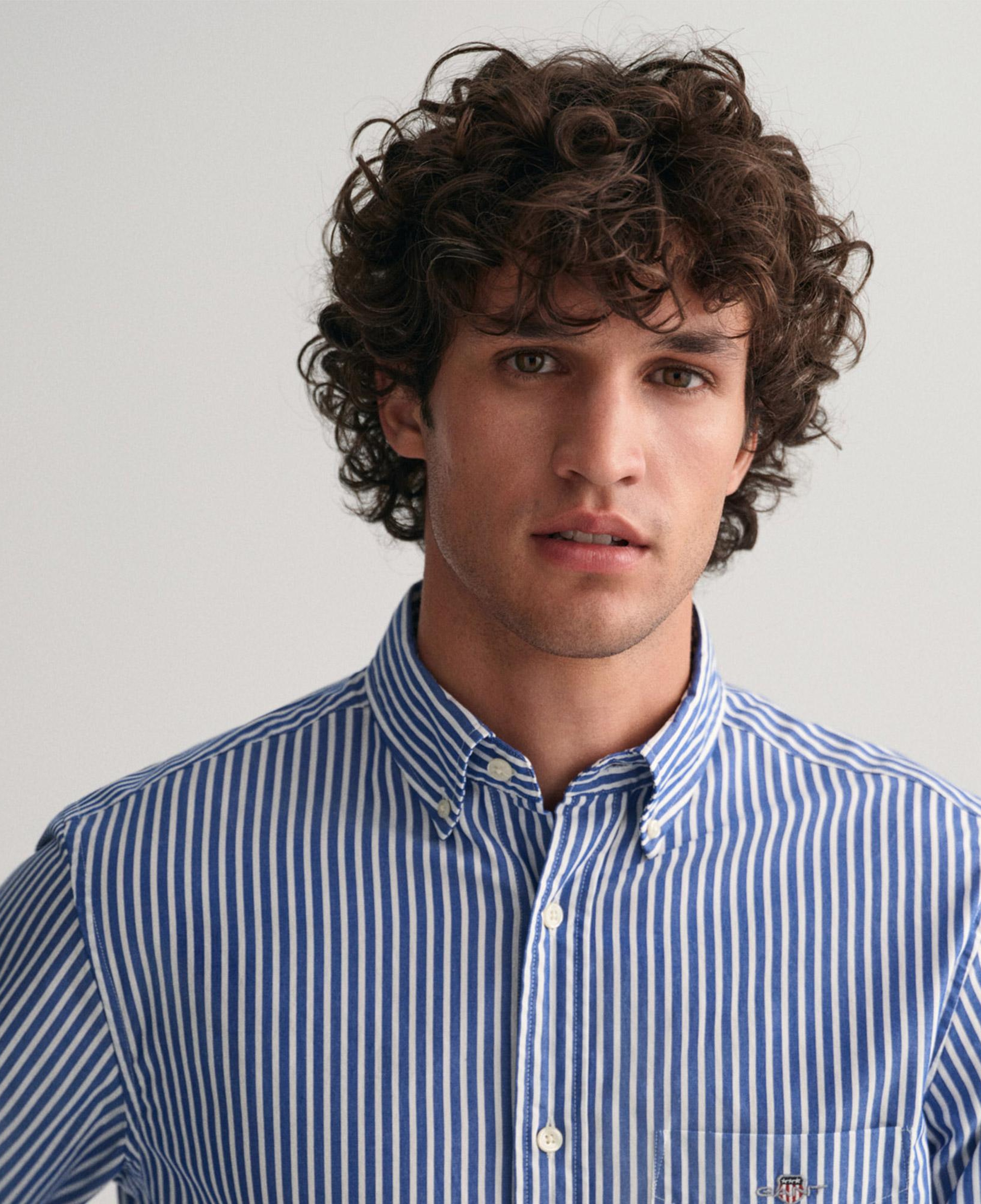 GANT Erkek Mavi Regular Fit Düğmeli Yaka Çizgili Poplin Gömlek
