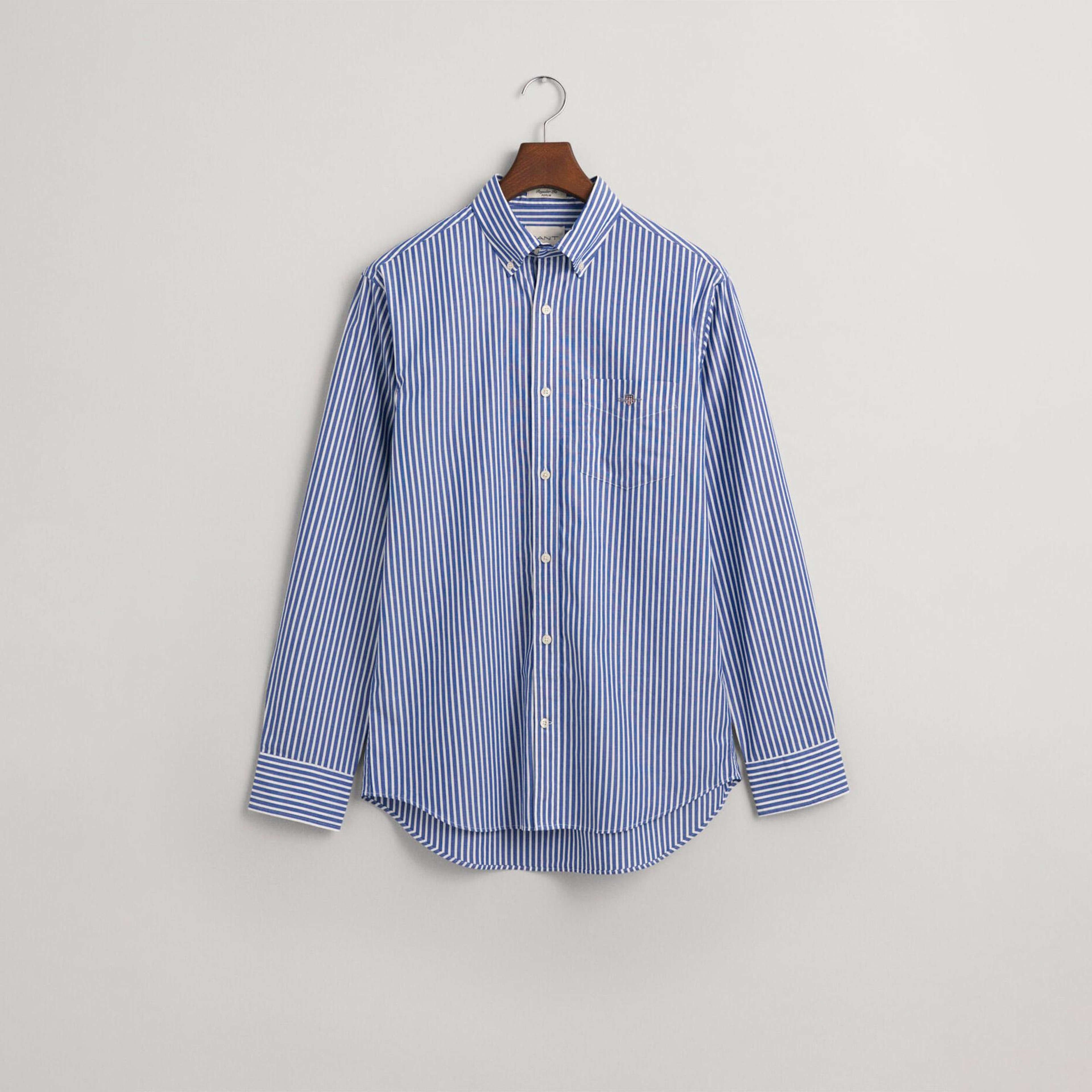 GANT Erkek Mavi Regular Fit Düğmeli Yaka Çizgili Poplin Gömlek