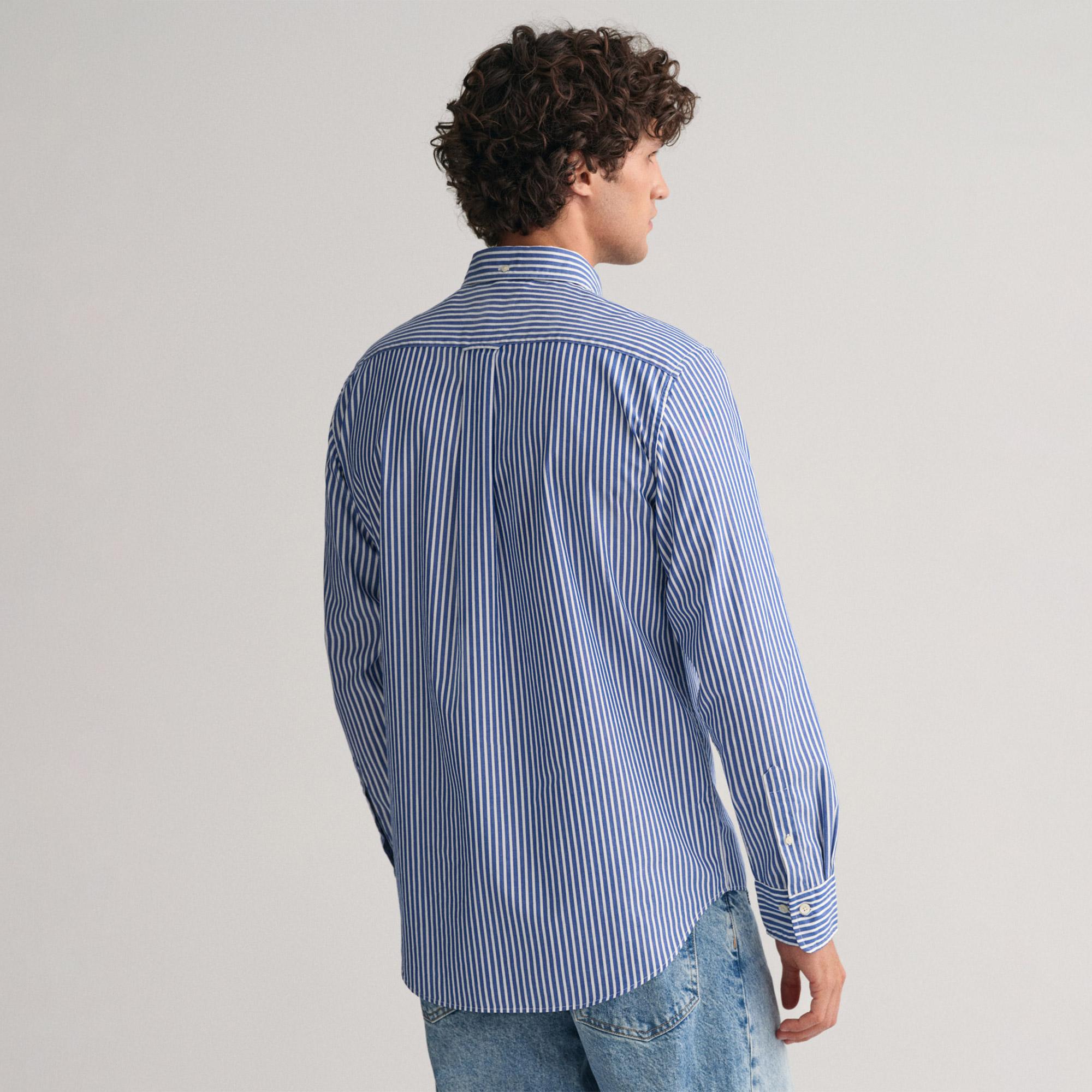 GANT Erkek Mavi Regular Fit Düğmeli Yaka Çizgili Poplin Gömlek