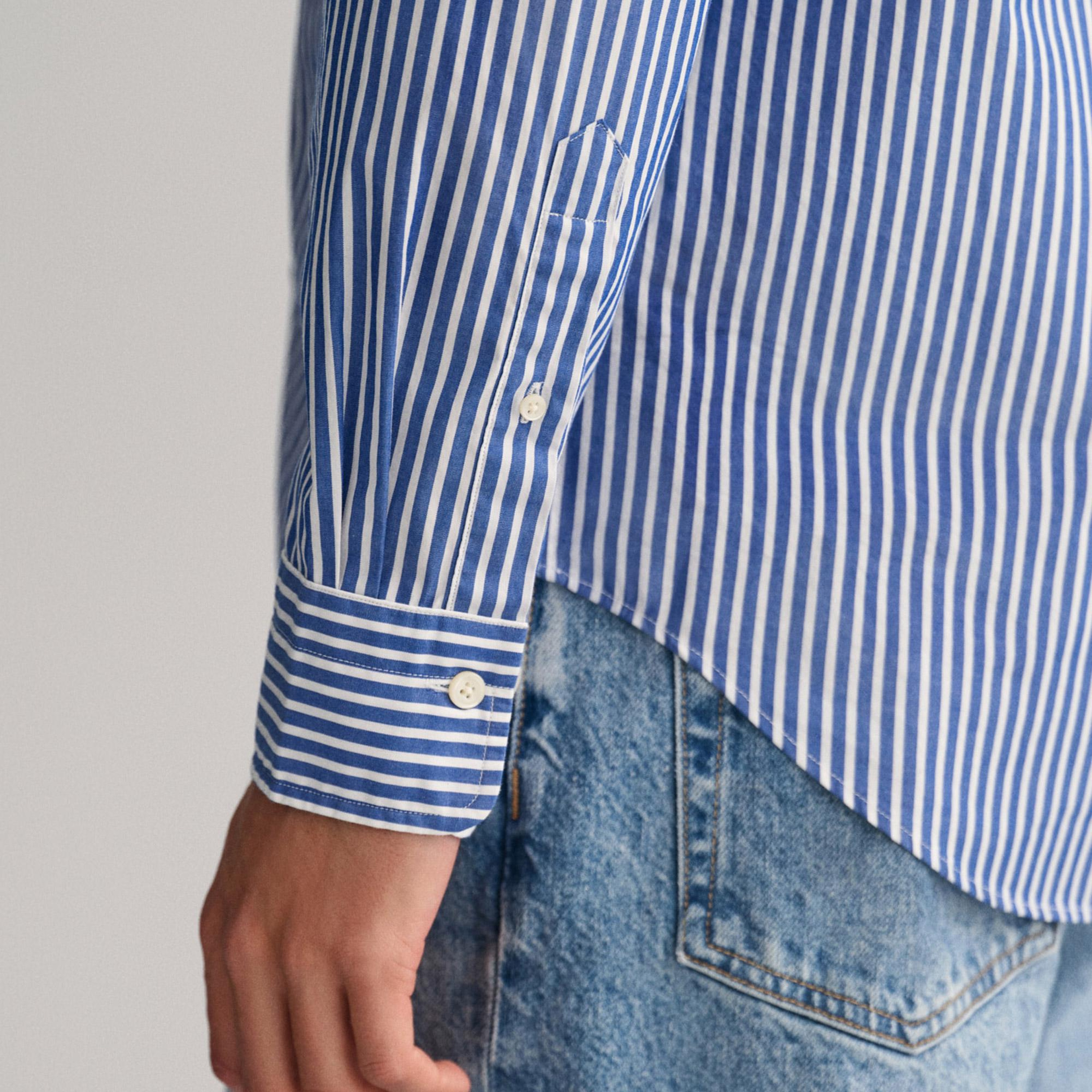 GANT Erkek Mavi Regular Fit Düğmeli Yaka Çizgili Poplin Gömlek