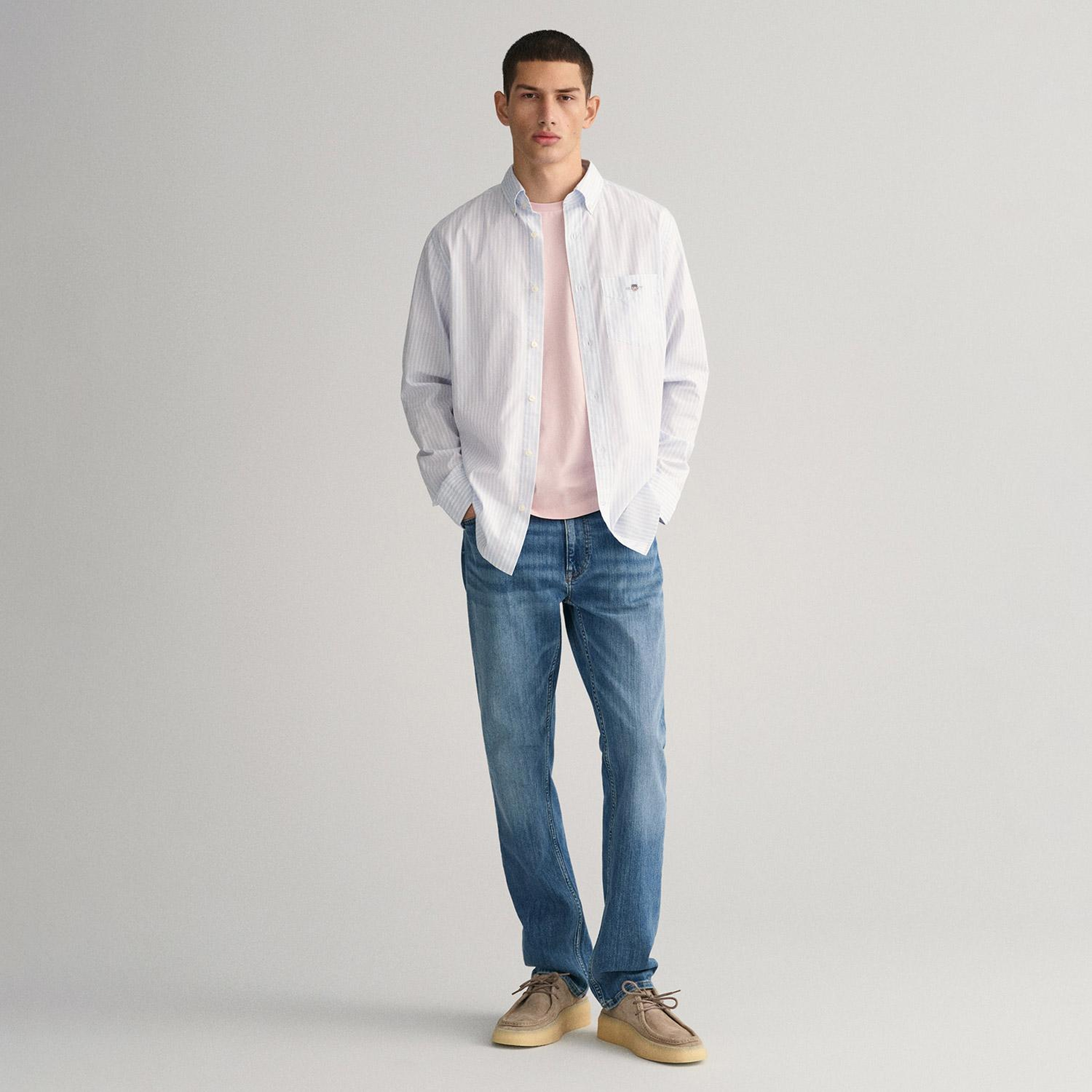 GANT Erkek Mavi Regular Fit Düğmeli Yaka Çizgili Poplin Gömlek