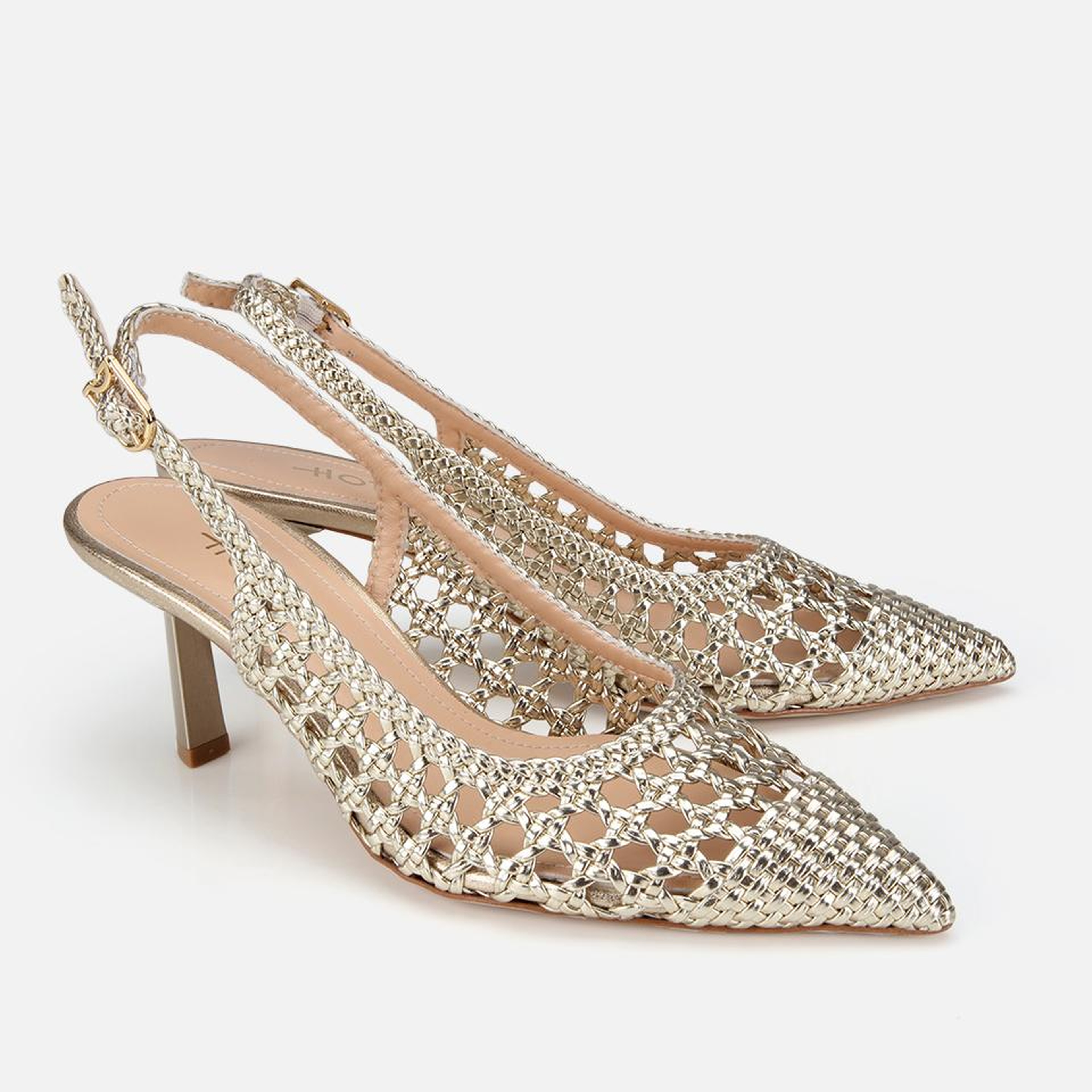 Kadın Gold Örgü Detaylı Arkası Açık Kısa Topuklu Stiletto