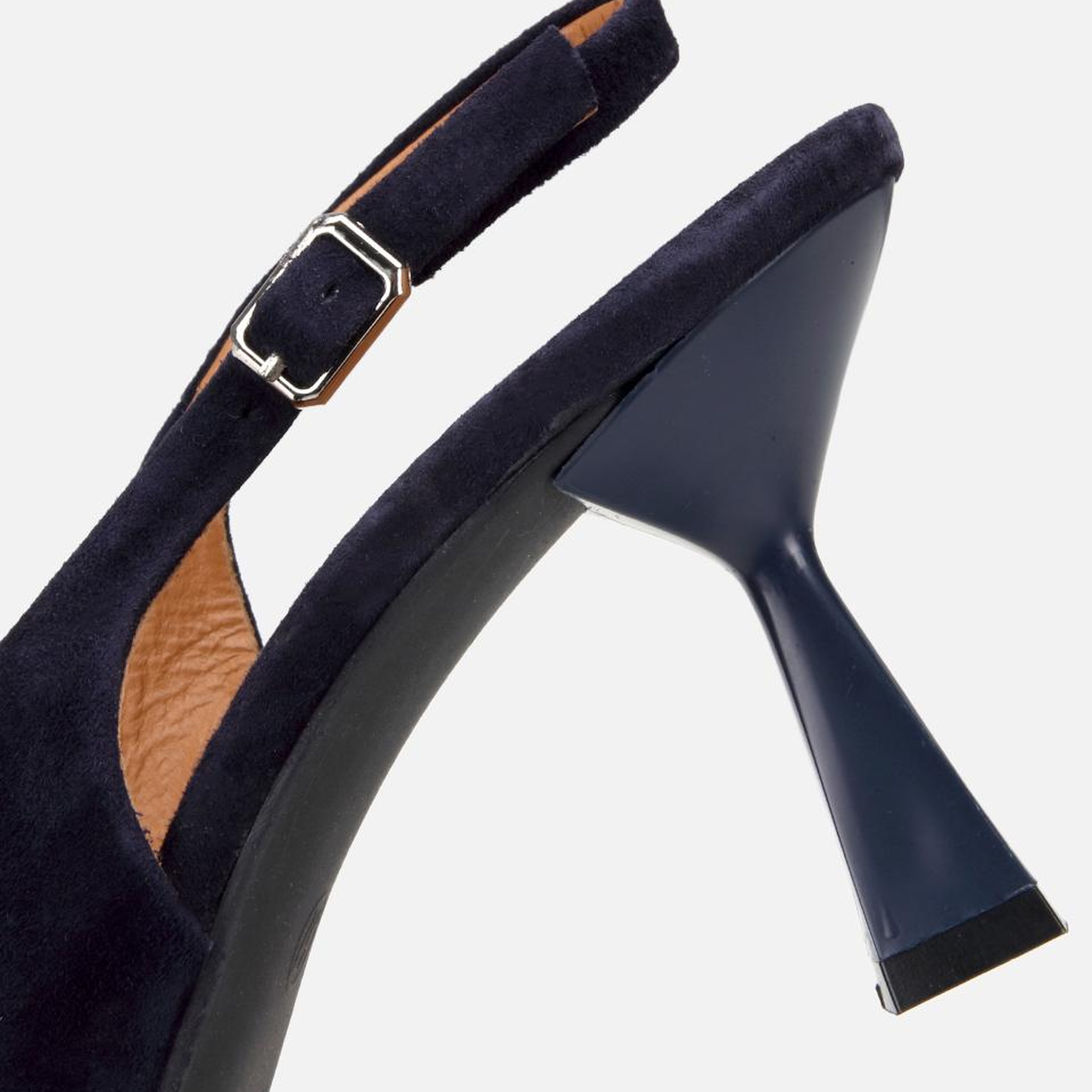 Kadın Süet Deri Lacivert Sivri Burunlu Arkası Açık Kısa Topuklu Stiletto