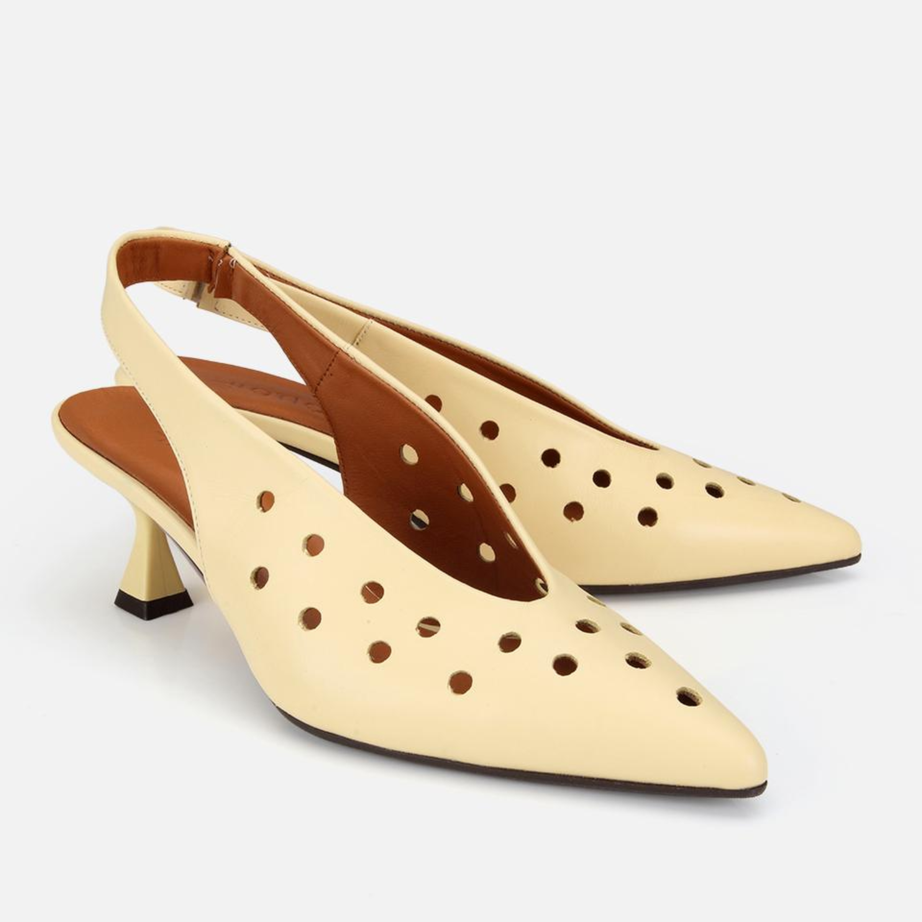Kadın Deri Sarı Delikli Arkası Açık Kısa Topuklu Stiletto