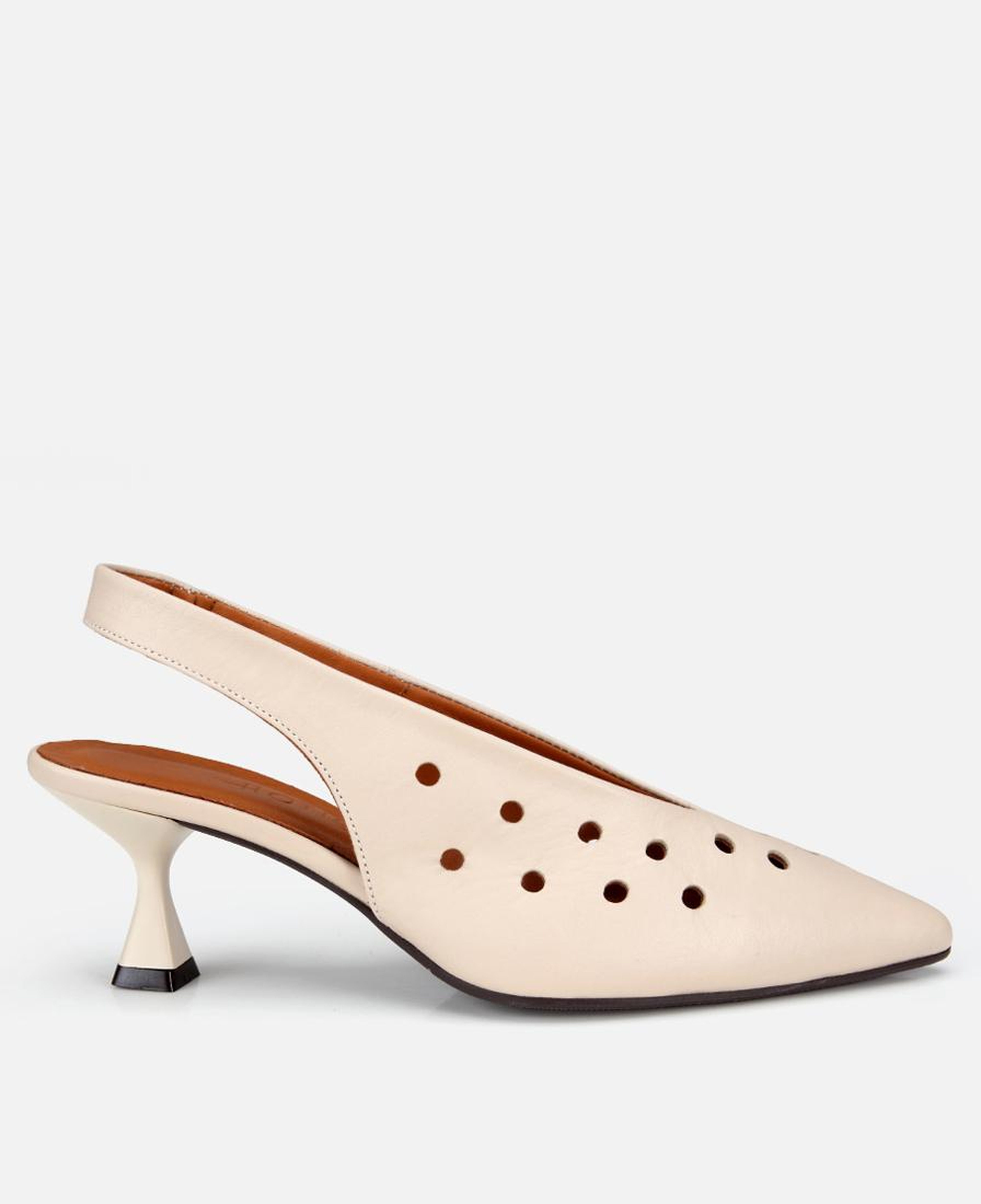 Kadın Deri Ekru Delikli Arkası Açık Kısa Topuklu Stiletto