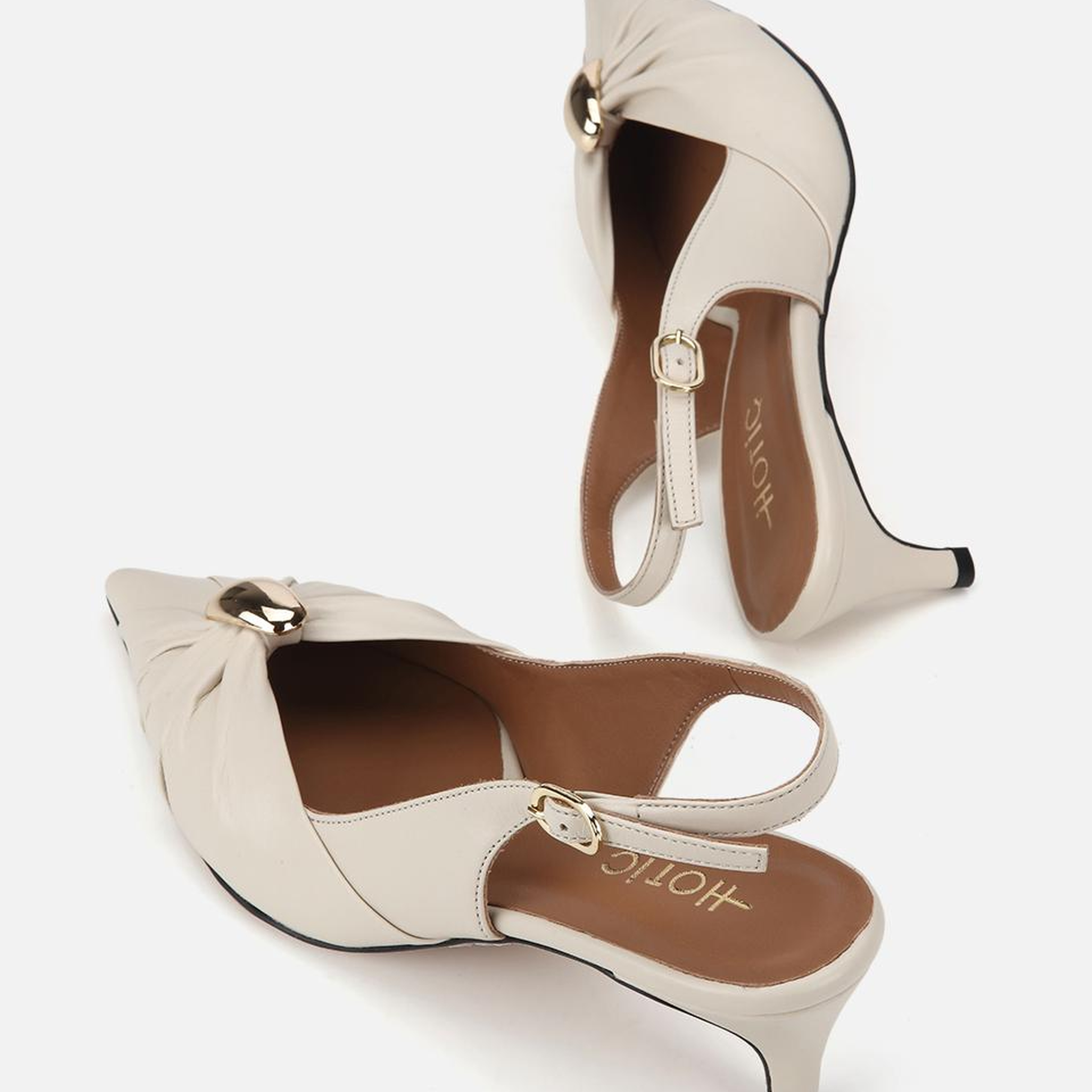 Kadın Deri Kemik Gold Tokalı Arkası Açık Kısa Topuklu Stiletto