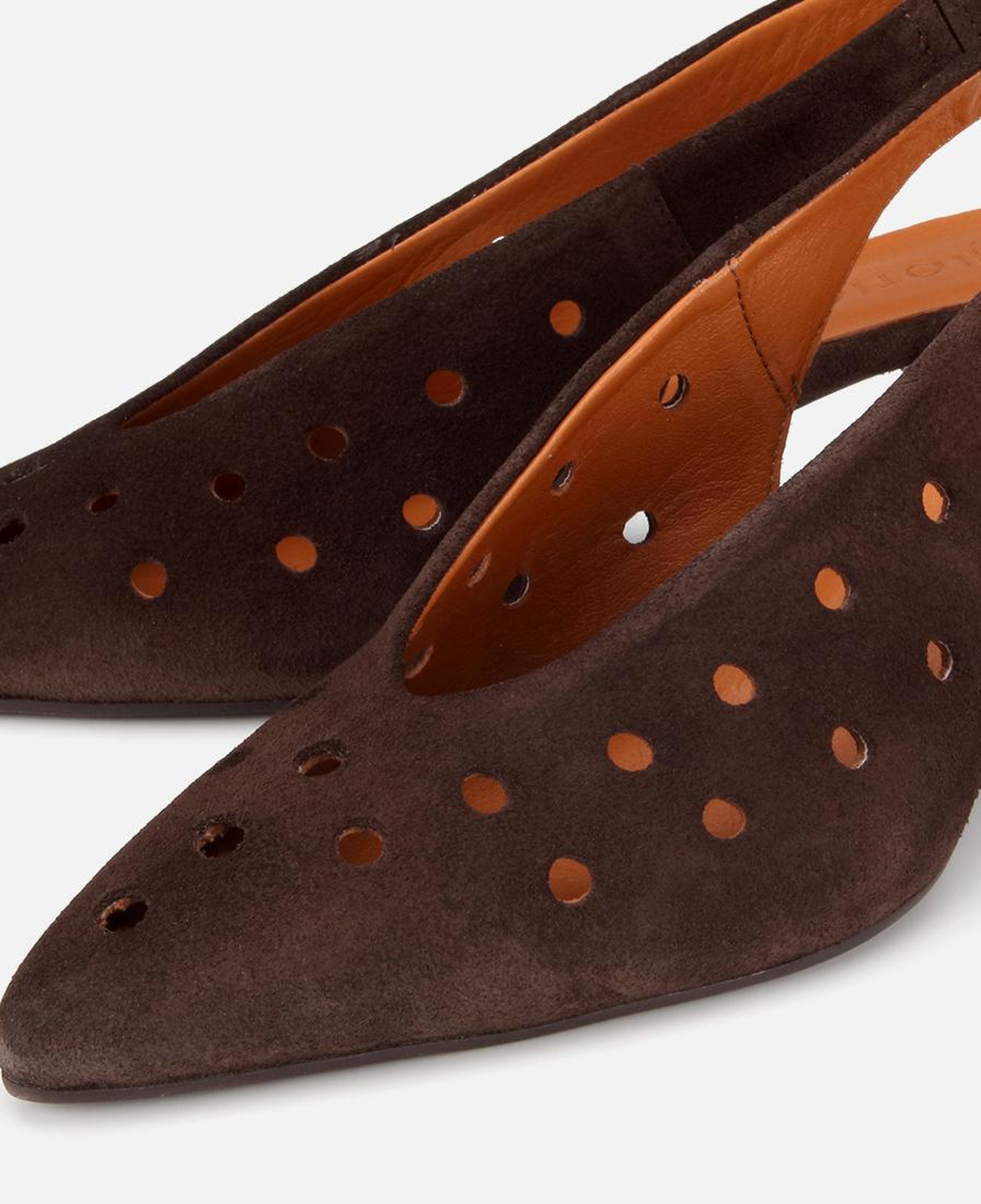 Kadın Süet Deri Kahverengi Delikli  Sivri Burunlu Arkası Açık Kısa Topuklu Stiletto