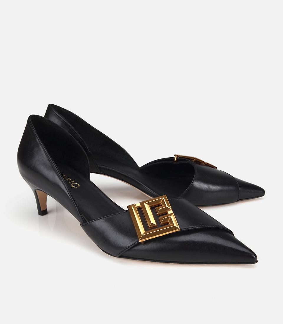Kadın Siyah Deri Gold Tokalı Kısa Topuklu Stiletto